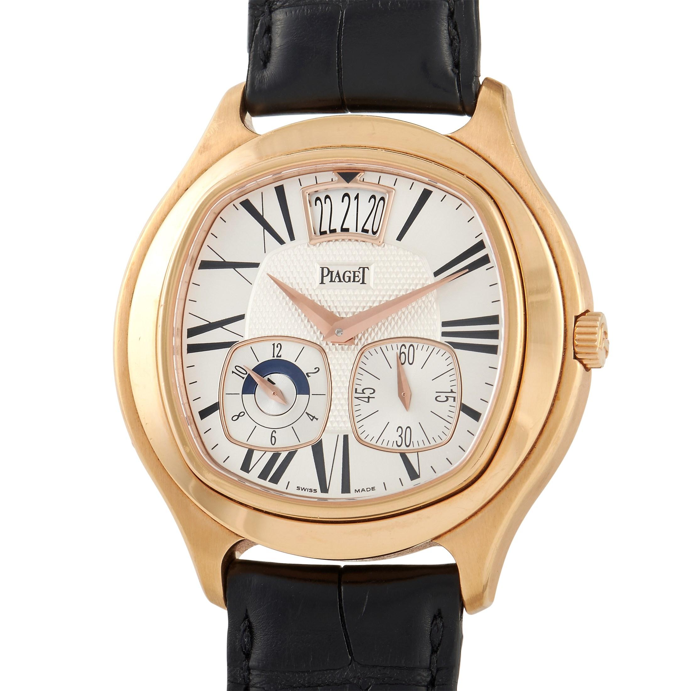 This Limited Edition Piaget Emperador Dual Time Rose Gold Watch GOA32017 is perfect for travelers. The watch is equipped with a dual time zone display plus a day/night indicator; each set in cushion-shaped sub-dials. A large date window at 12
