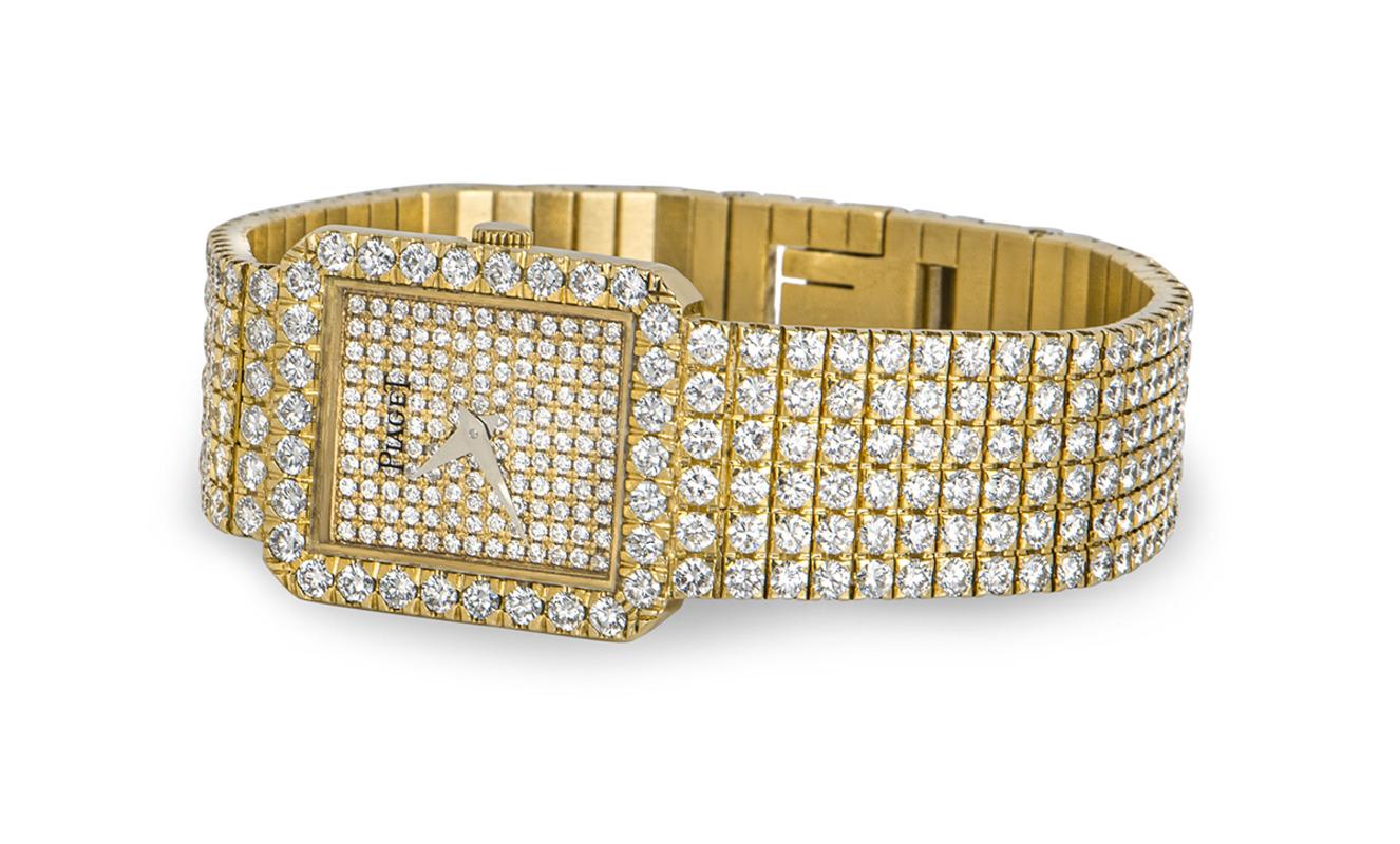 Round Cut Piaget Fully Loaded Dress Watch Women's 18k Yellow Gold Pave Diamond Dial For Sale