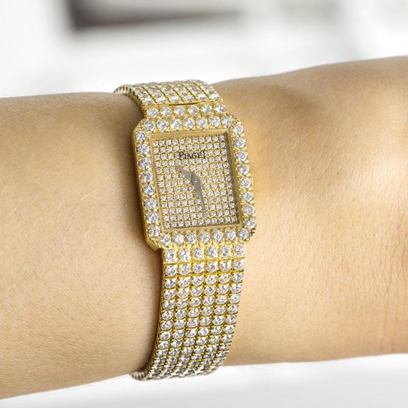 Piaget Fully Loaded Dress Watch Women's 18k Yellow Gold Pave Diamond Dial In Excellent Condition For Sale In London, GB