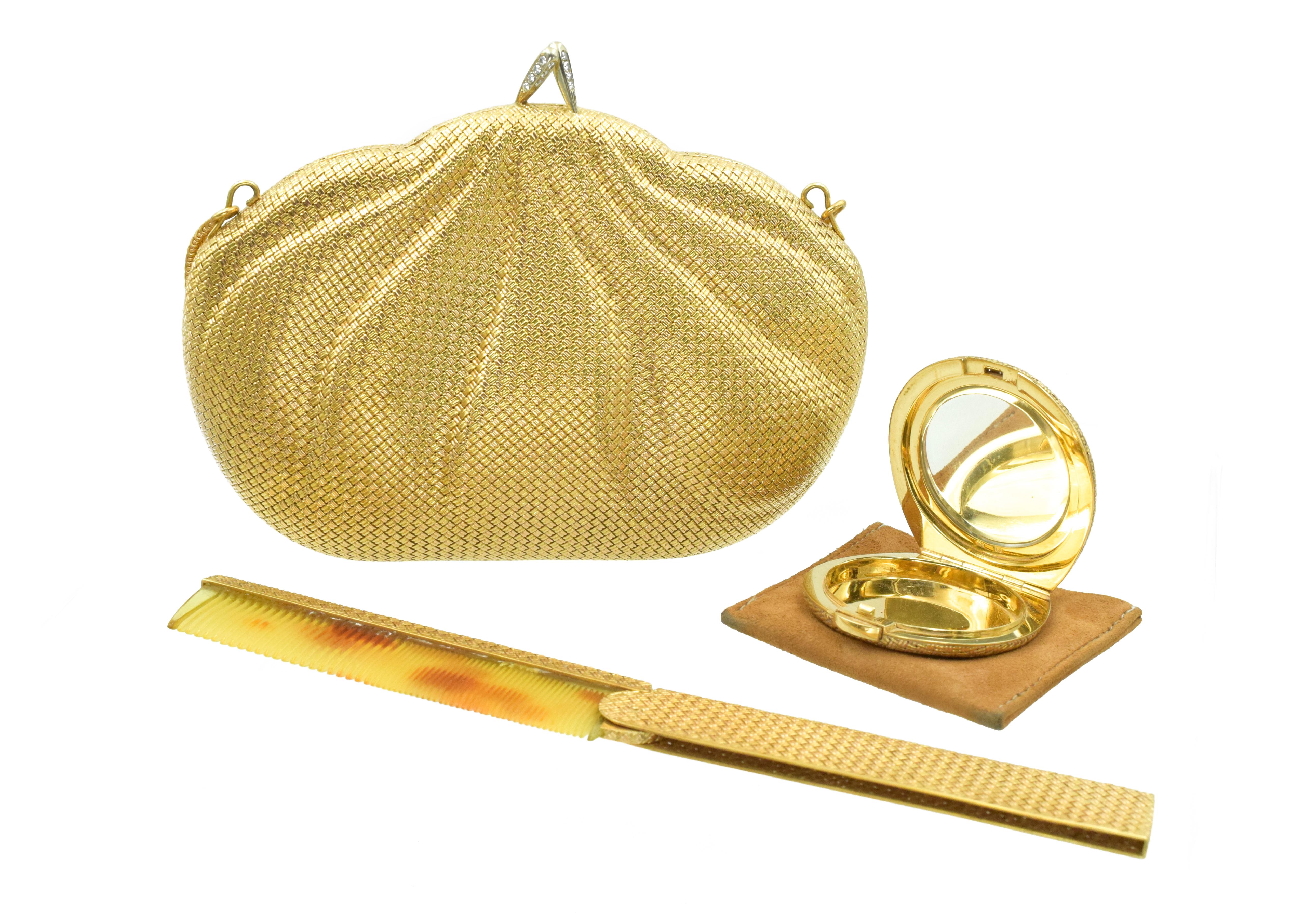 Artist Piaget Gold and Diamond Evening Purse, a Comb and a Powder Compact For Sale