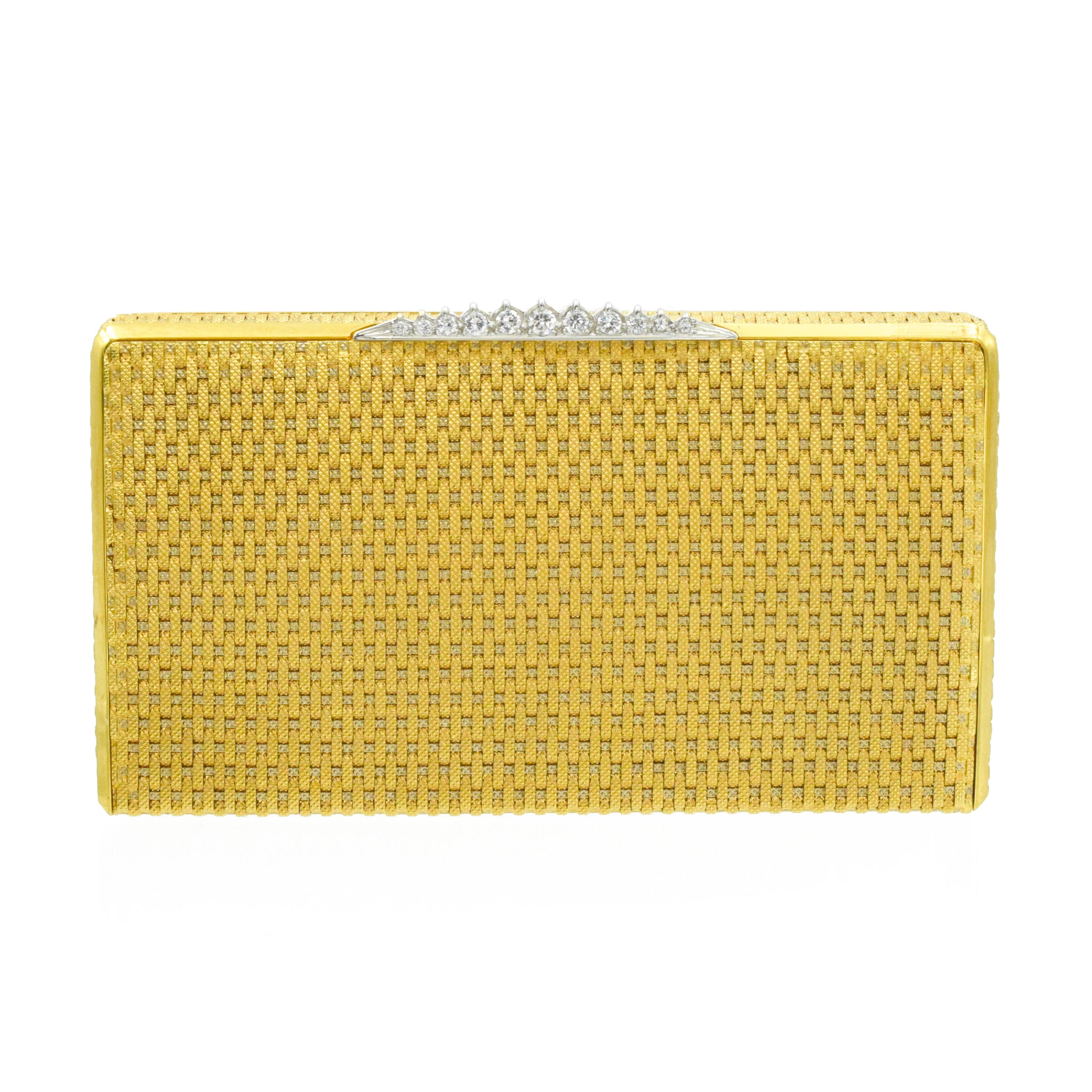 Piaget , gold and diamond case, This rectangular cigarette case of woven design has a thumbpiece enhanced with brilliant-cut diamonds. 
The box measured to be approximately 90 x 50 x 15mm, 
Signed Piaget and numbered with French maker's mark,
.Gold