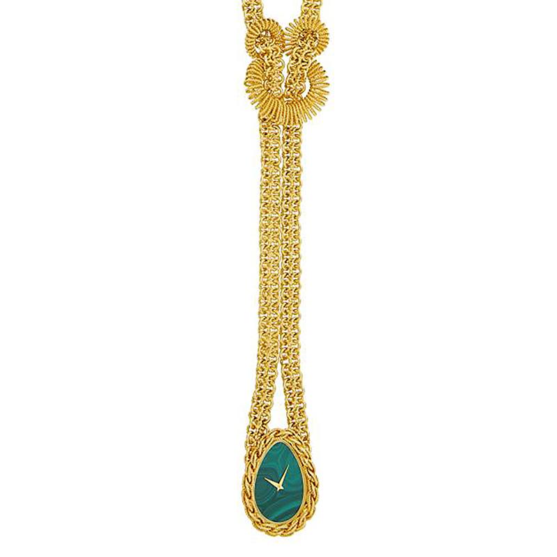 Gold and Malachite Pendant-Watch Necklace by Piaget in 18 kt yellow gold. Mechanical, the fancy link chain intersected with a looped rope-twist wire cinch, suspending a pear-shaped numberless malachite dial, with polished and rope-twist braided