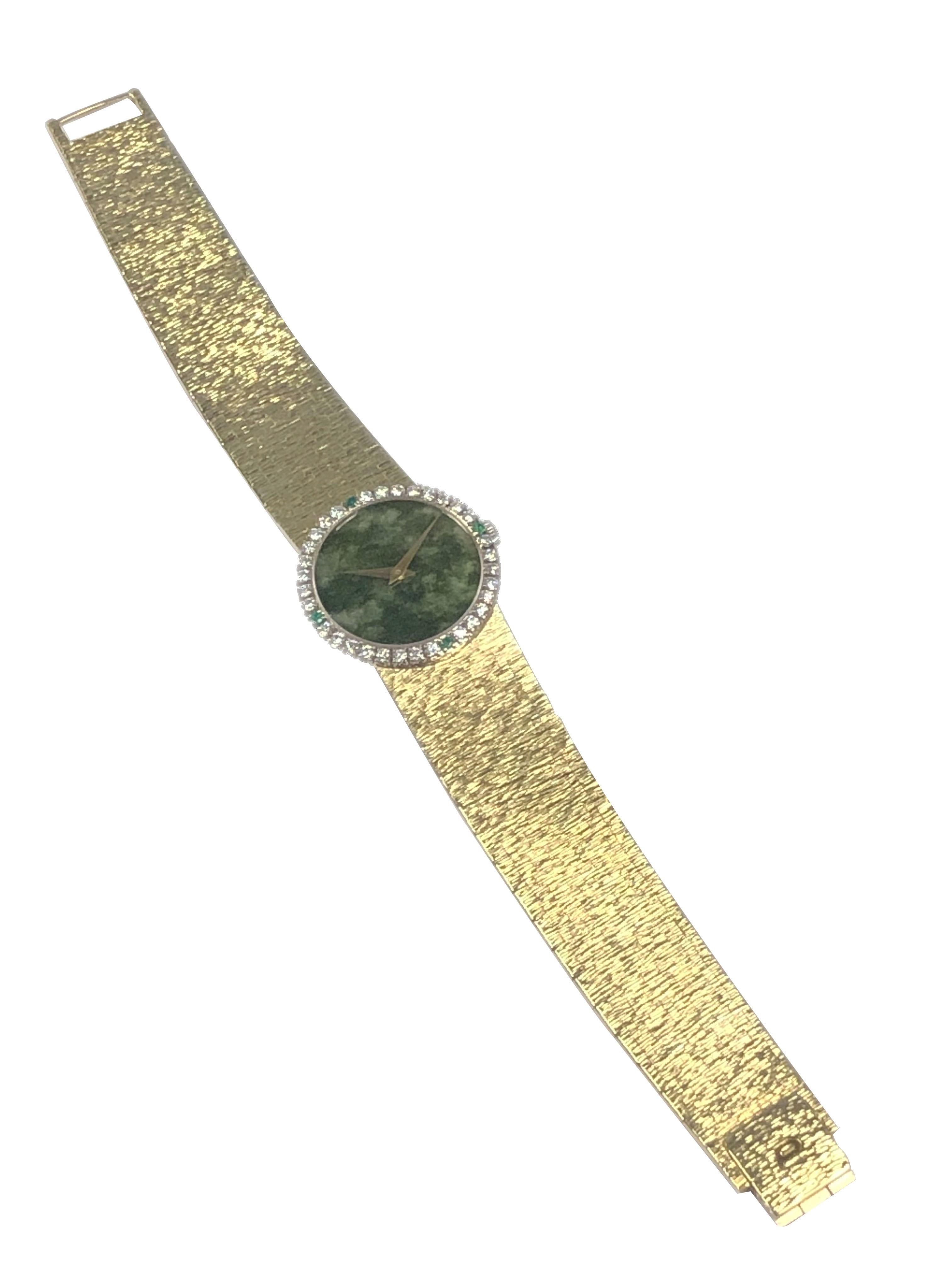 Round Cut Piaget Gold Diamond and Jadite Dial Ladies Mechanical Wrist Watch