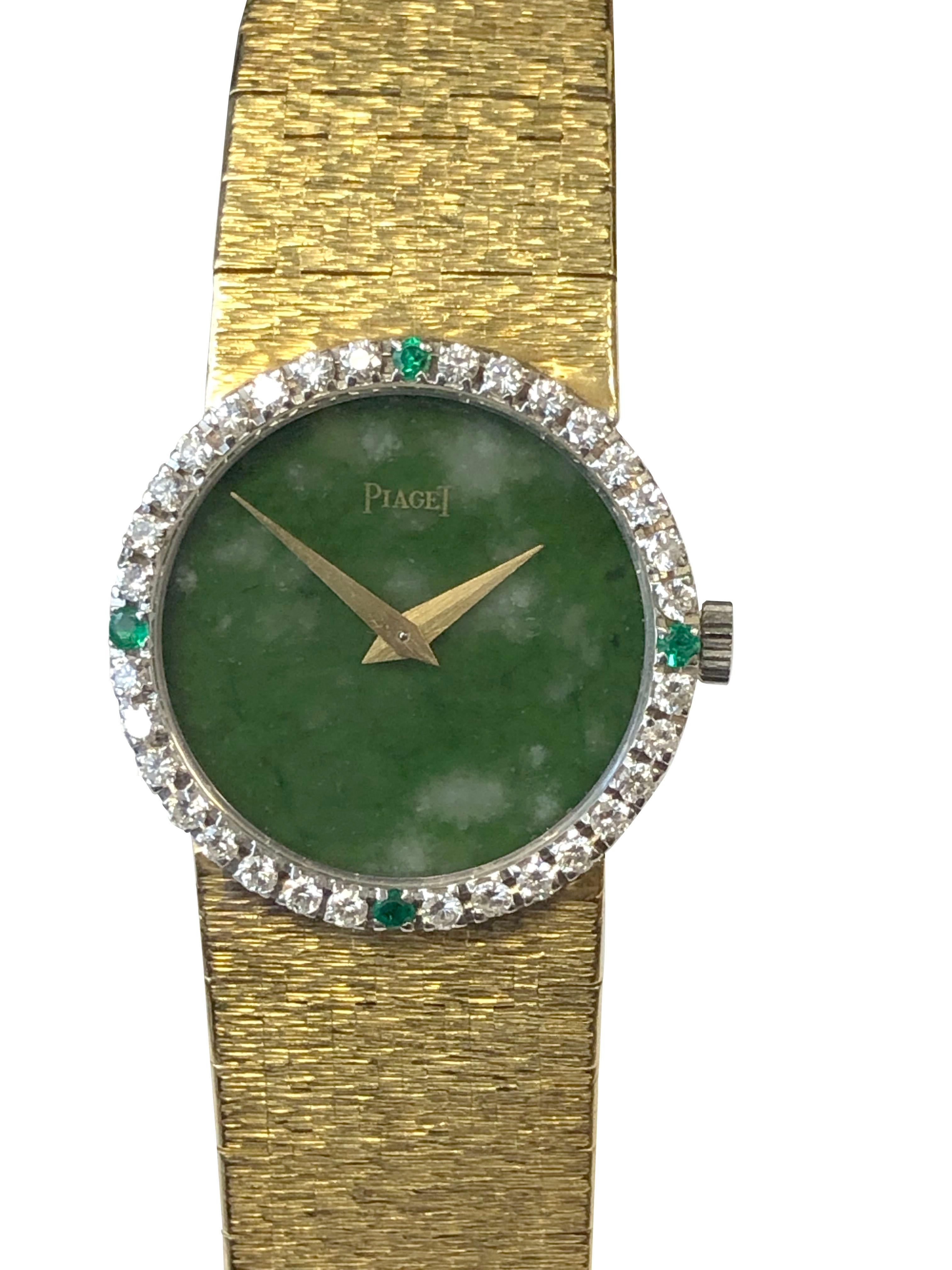 Piaget Damen-Mechanische Armbanduhr, Gold Diamant Smaragd und Jadite Zifferblatt (Rundschliff) im Angebot