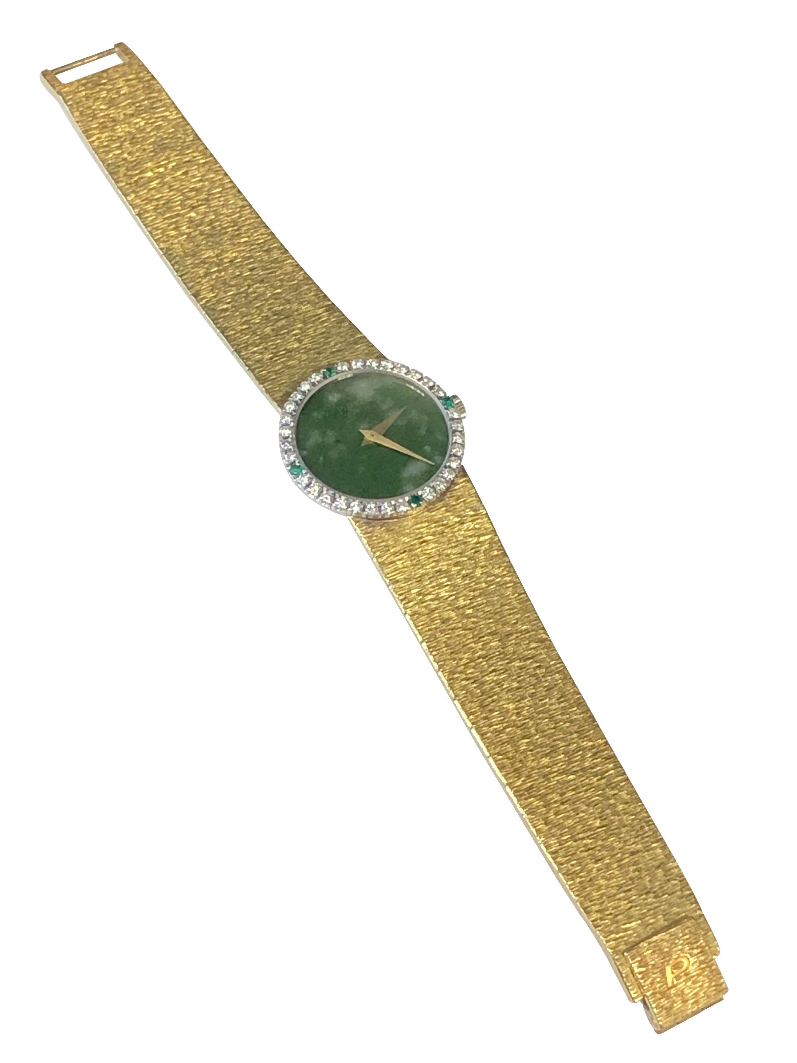 Piaget Gold Diamond Emerald and Jadite Dial Ladies Mechanical Wrist Watch In Excellent Condition For Sale In Chicago, IL