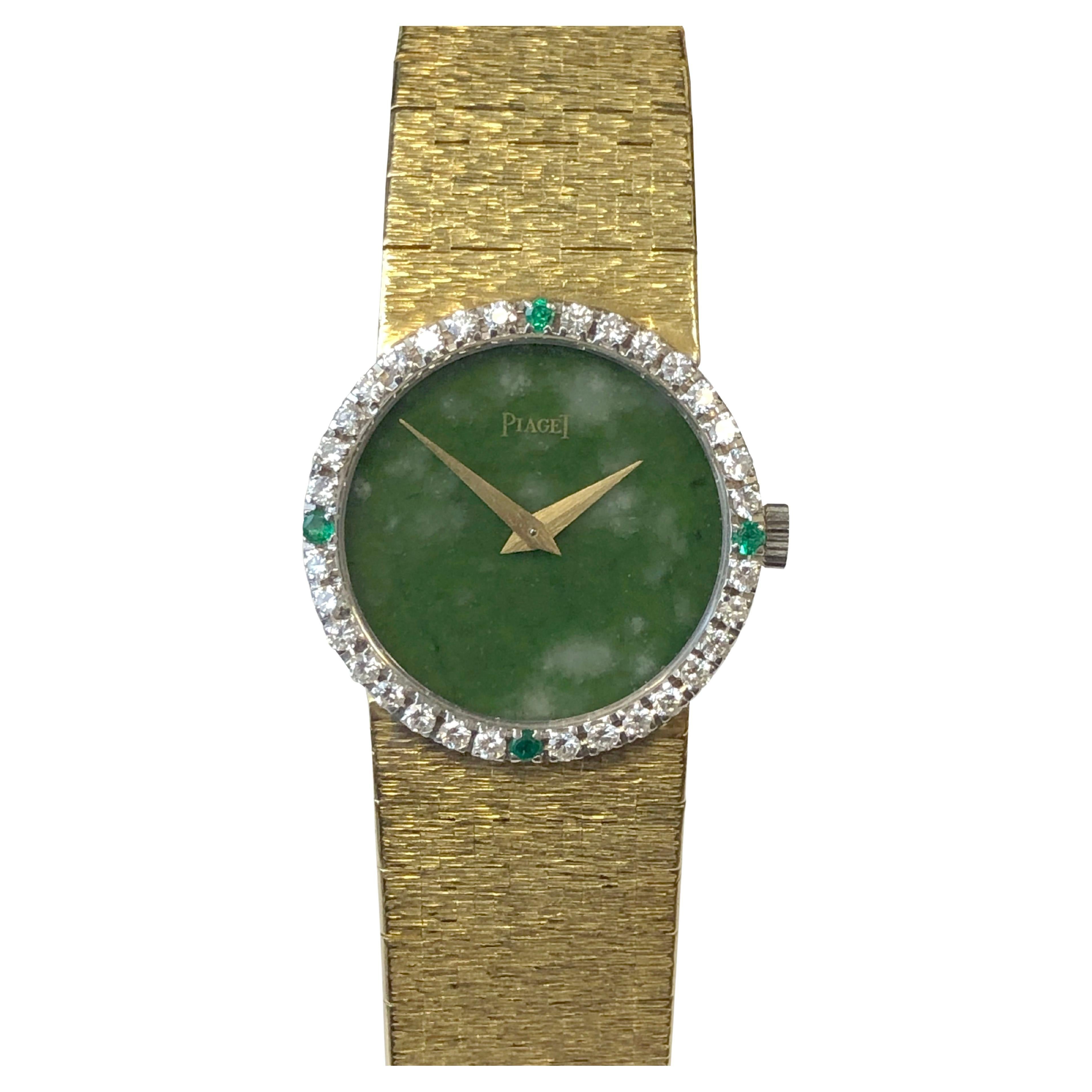 Piaget Gold Diamond Emerald and Jadite Dial Ladies Mechanical Wrist Watch For Sale