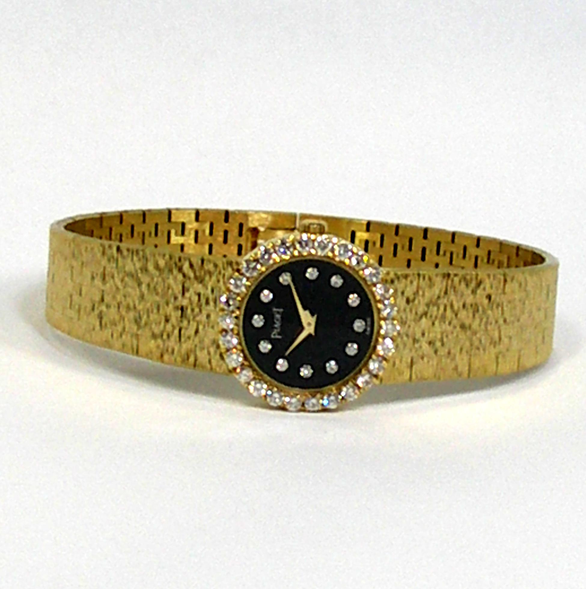 Piaget Gold Watch with Diamond Bezel and Onyx and Diamond Dial In Excellent Condition In Palm Beach, FL