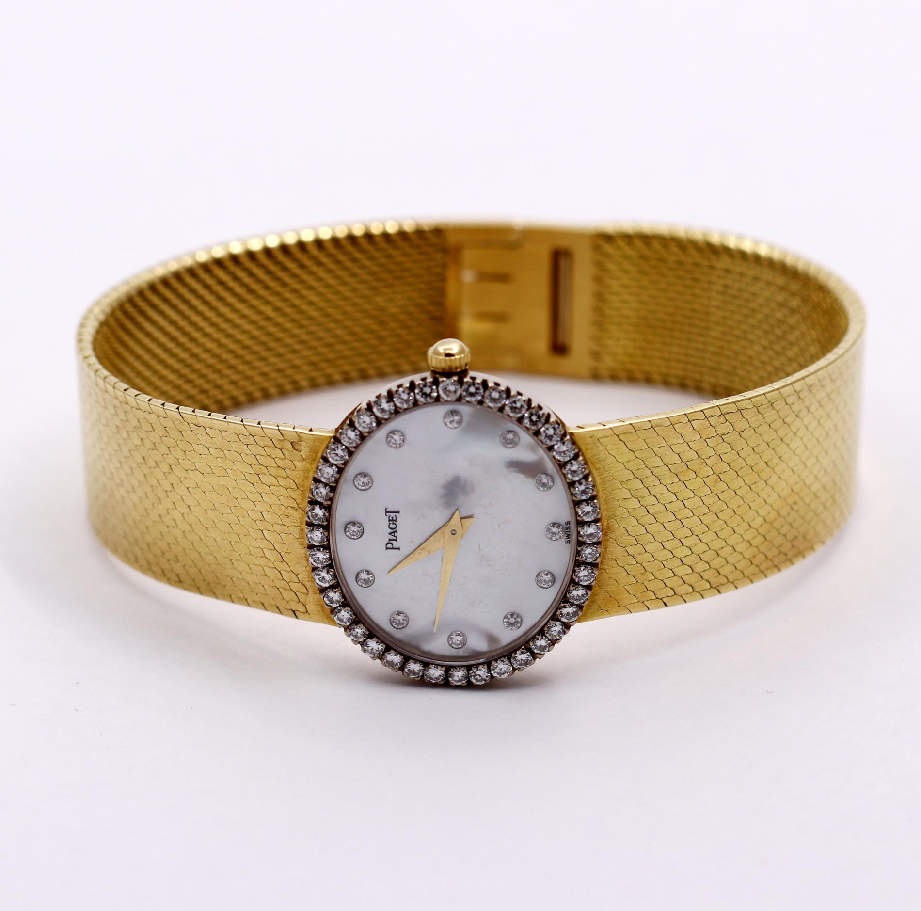 Piaget Gold Watch with Mother-of-Pearl Dial with Diamond Markers and Bezel In Excellent Condition In Palm Beach, FL