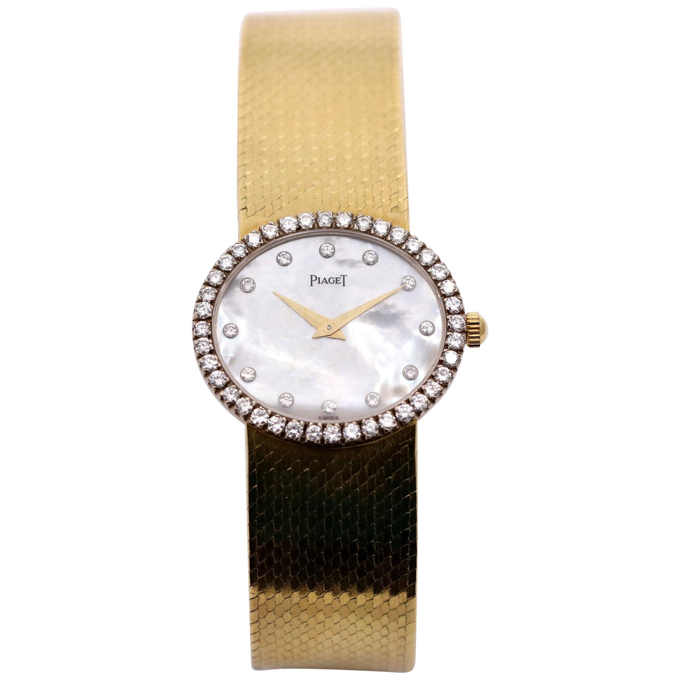 Piaget Gold Watch with Mother-of-Pearl Dial with Diamond Markers and Bezel