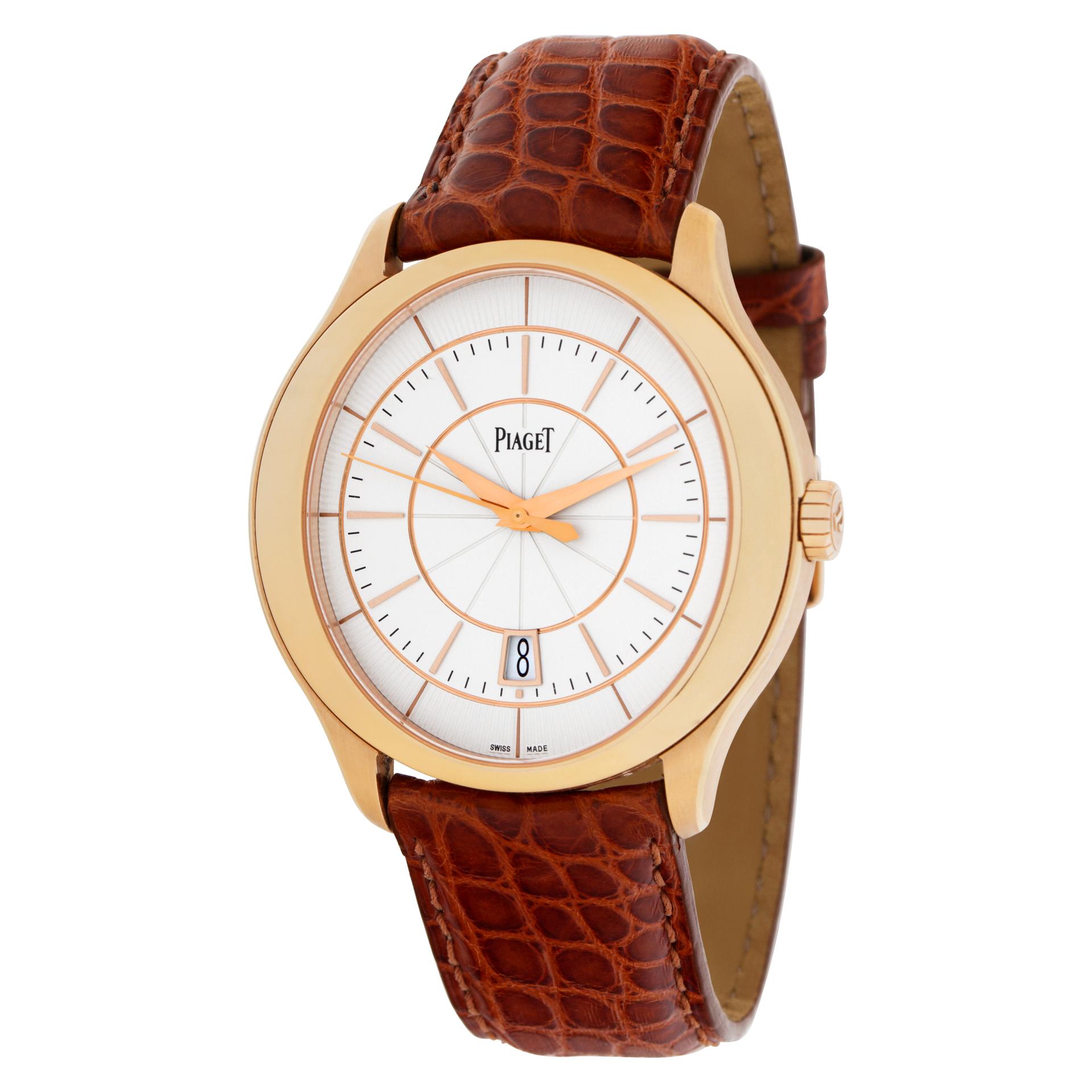 Piaget Gouverneur in 18k rose gold on a genuine alligator leather strap with Piaget tang buckle. Auto w/ sweep seconds and date. 25 jewels. 43 mm large case size. With box and papers. Ref GOA37110. Circa 2013. Fine Pre-owned Piaget Watch.  Certified