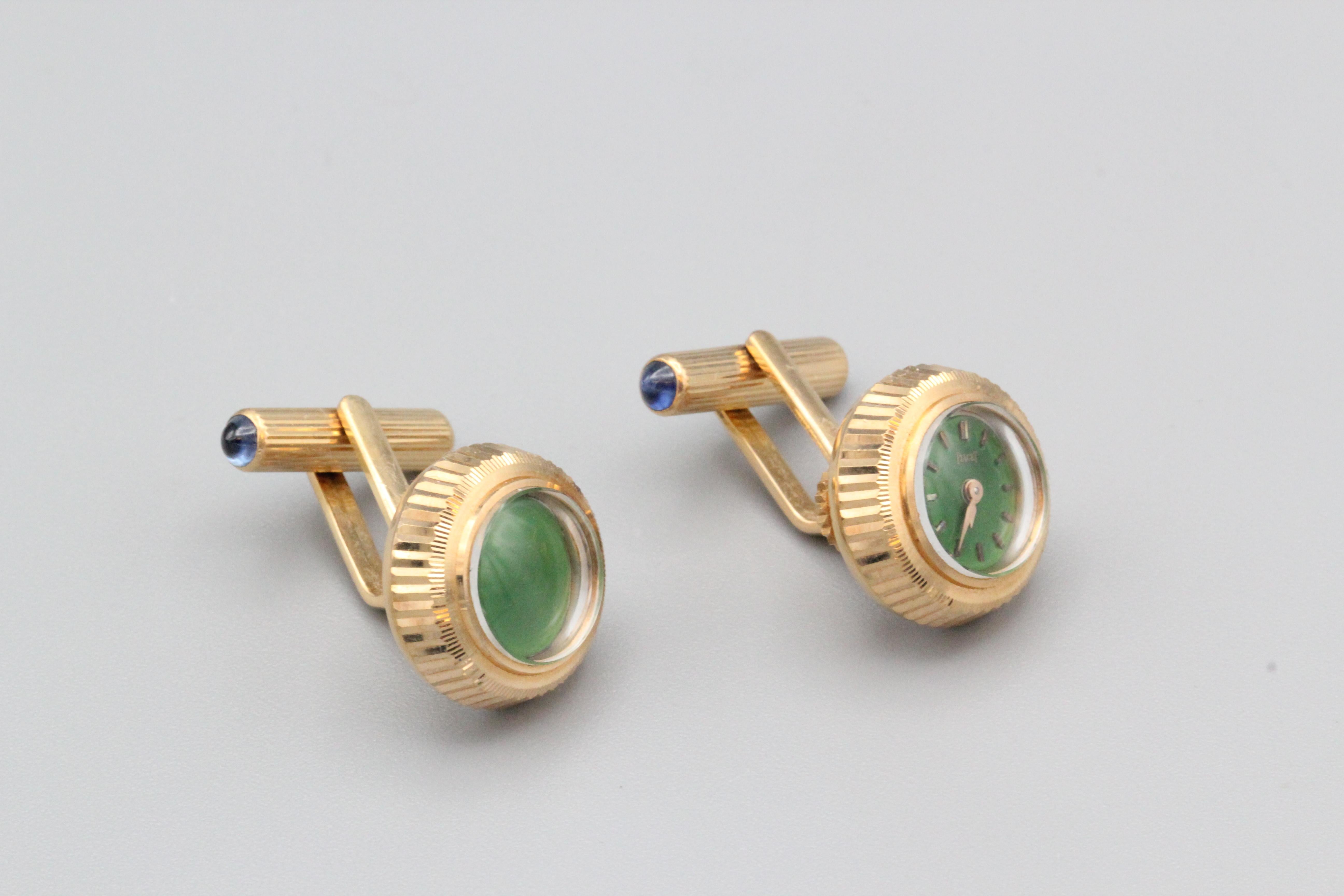 Sugarloaf Cabochon Piaget Green Enamel Sapphire 18 Karat Gold Watch Cufflinks For Sale