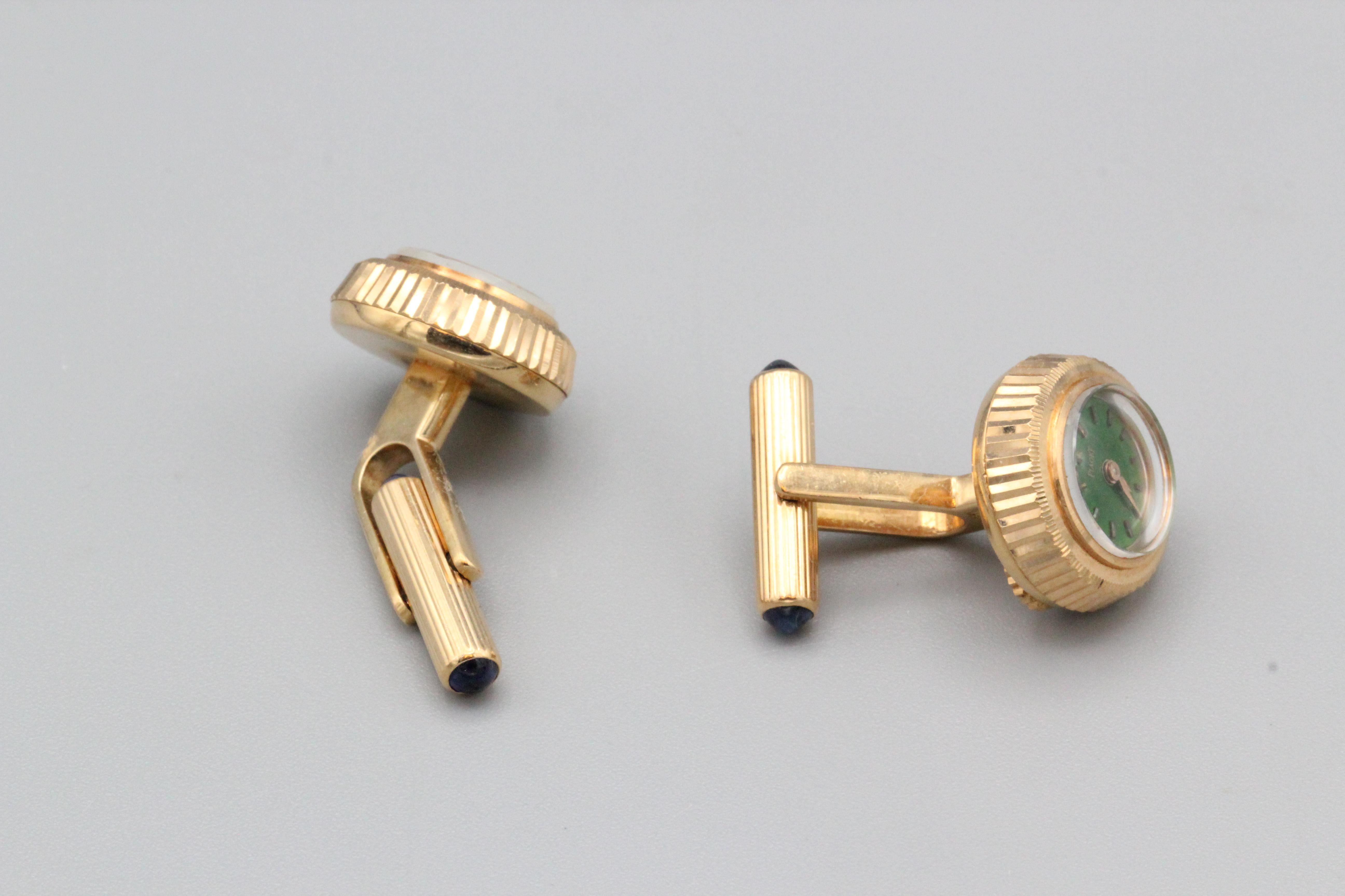 Piaget Green Enamel Sapphire 18 Karat Gold Watch Cufflinks In Good Condition For Sale In New York, NY