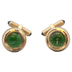 Retro Piaget Green Enamel Sapphire 18 Karat Gold Watch Cufflinks