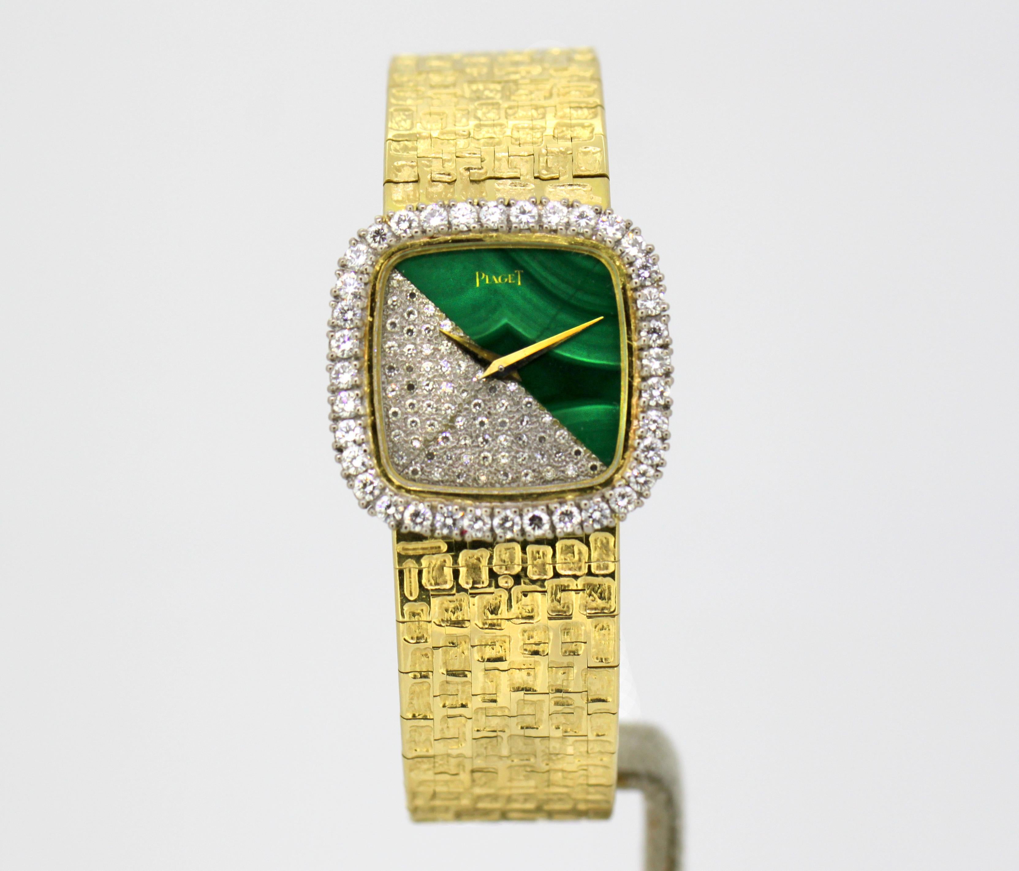 Piaget, Ladies 18K gold, diamond and malachite manual wind bracelet watch.

Gender: Ladies
Movement: 18-jewel Cal.9P1 manual wind, adjusted to 5 positions and temperature
Case Diameter : 26 mm
Movement: Manual Wining
Watchband Material: 18k