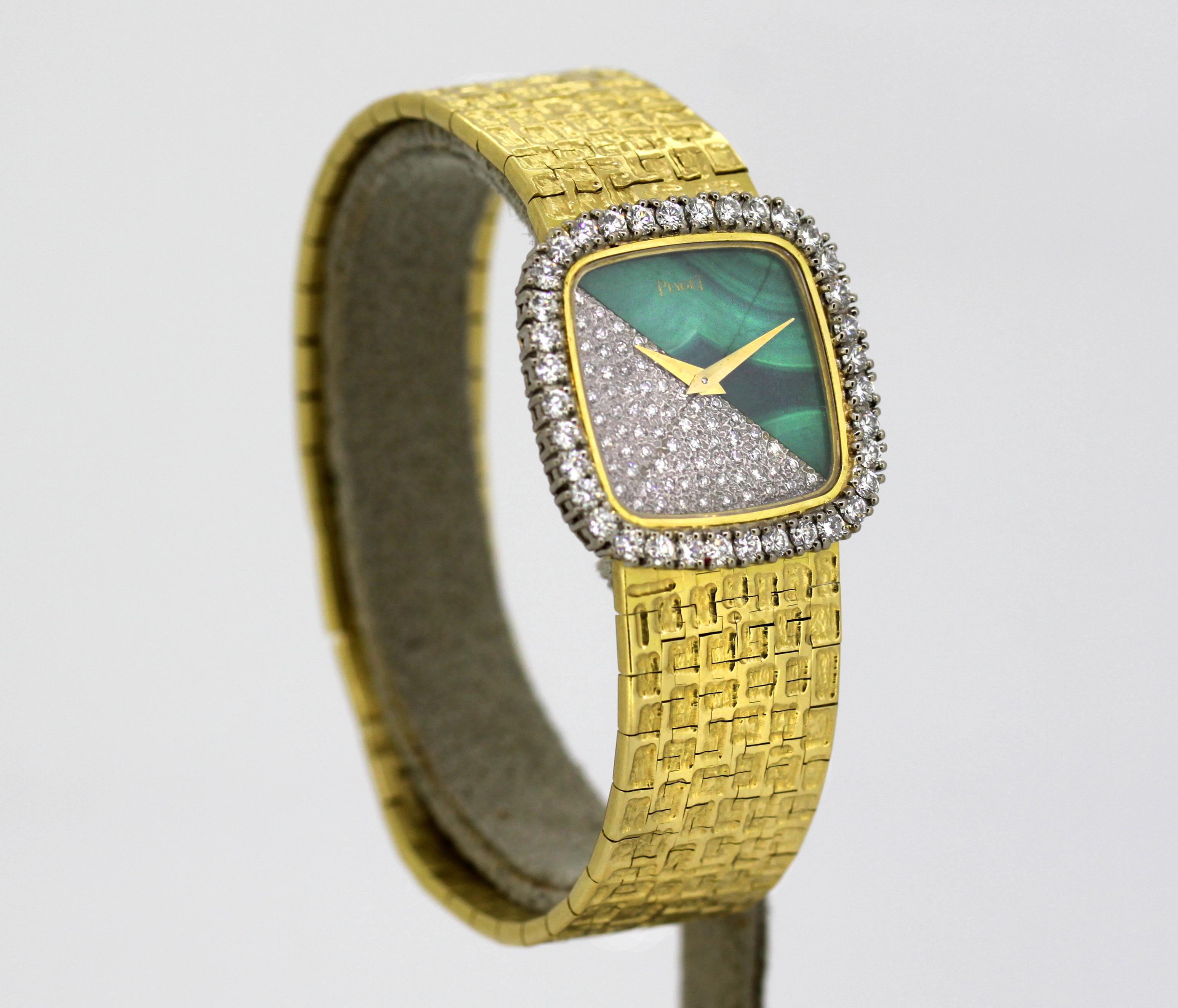 Art Deco Piaget, Ladies 18 Karat Gold, Diamond and Malachite Manual Wind Bracelet Watch