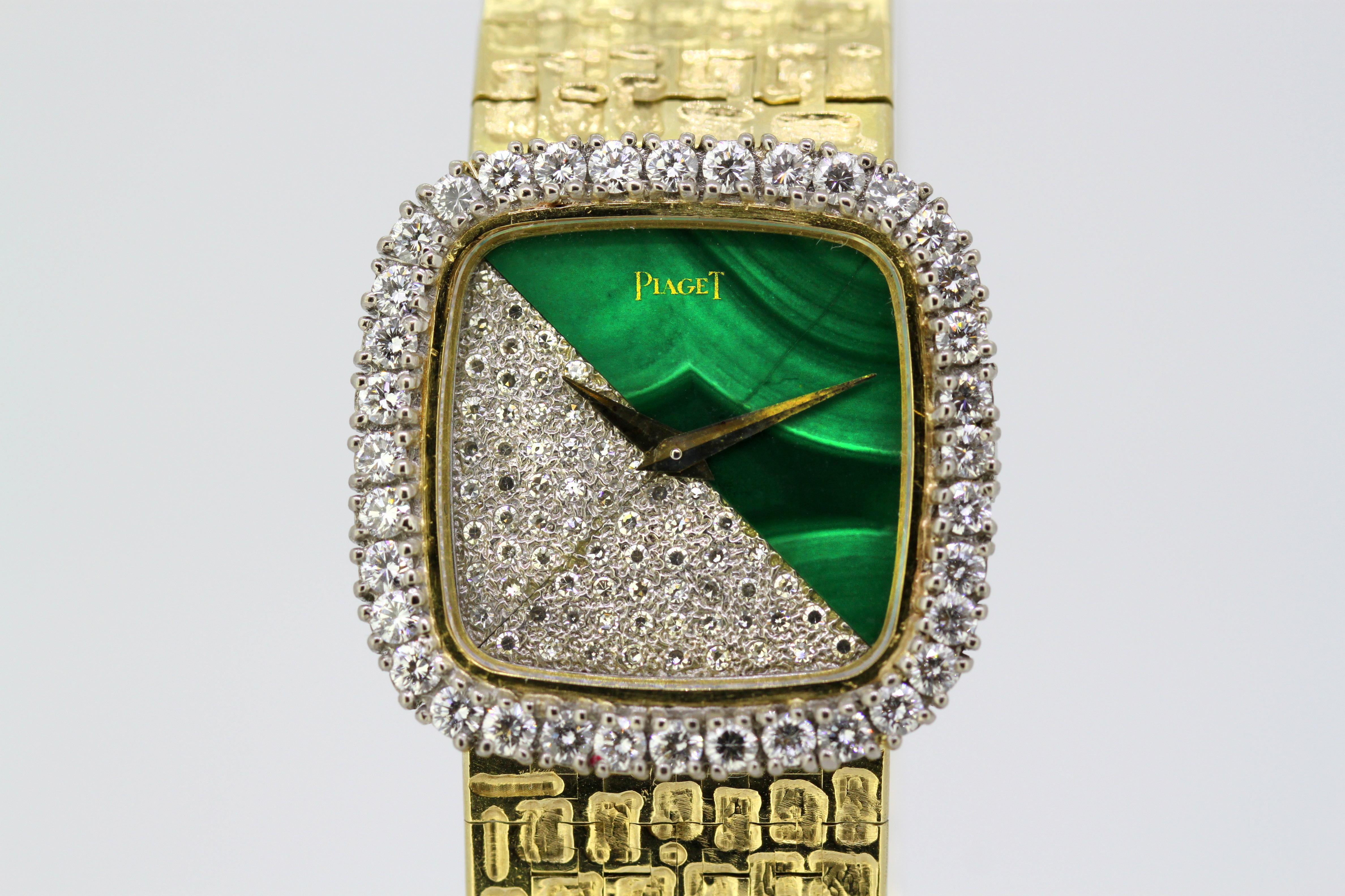 Piaget, Ladies 18 Karat Gold, Diamond and Malachite Manual Wind Bracelet Watch In Excellent Condition In Braintree, GB