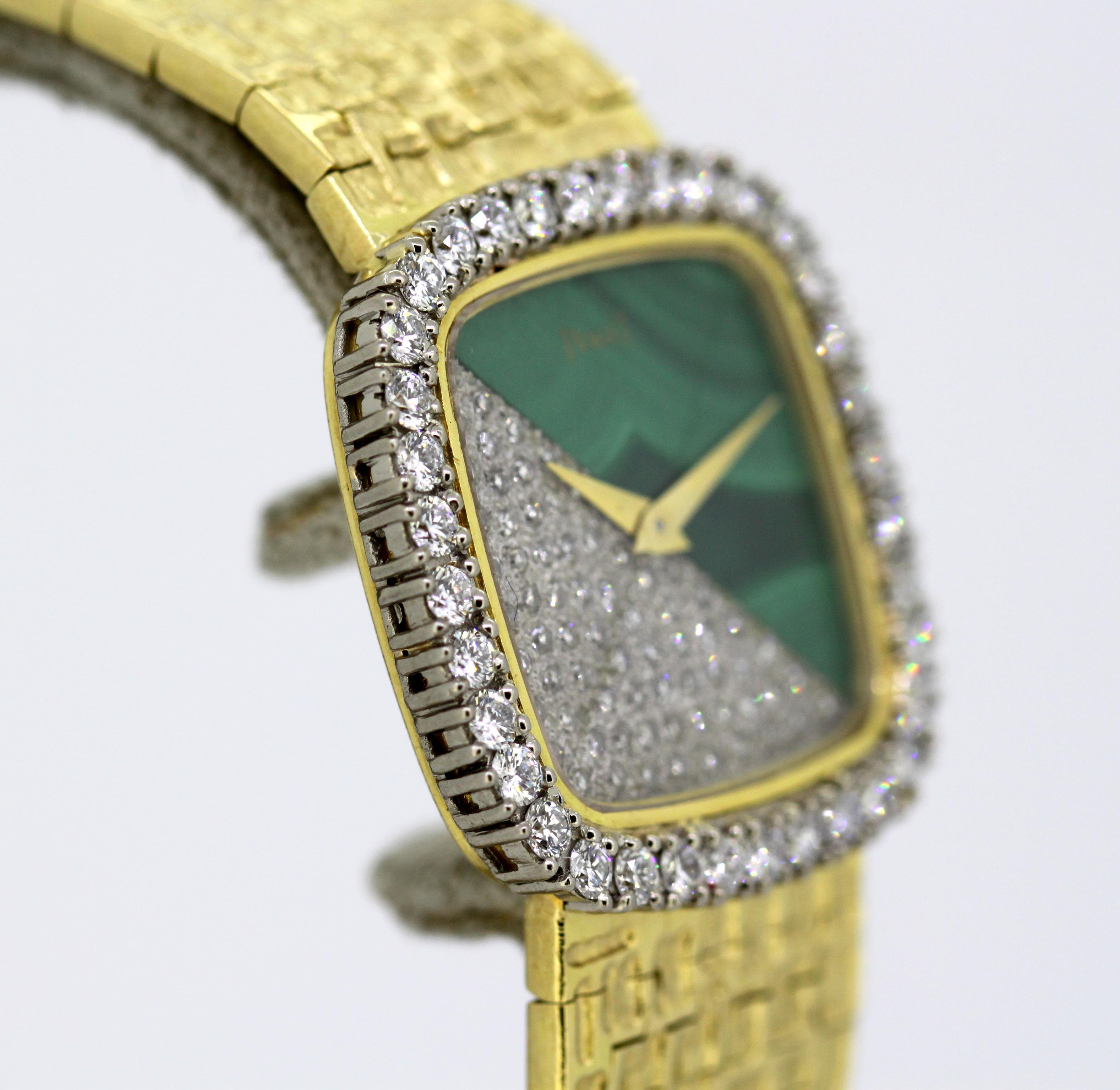 Women's or Men's Piaget, Ladies 18 Karat Gold, Diamond and Malachite Manual Wind Bracelet Watch
