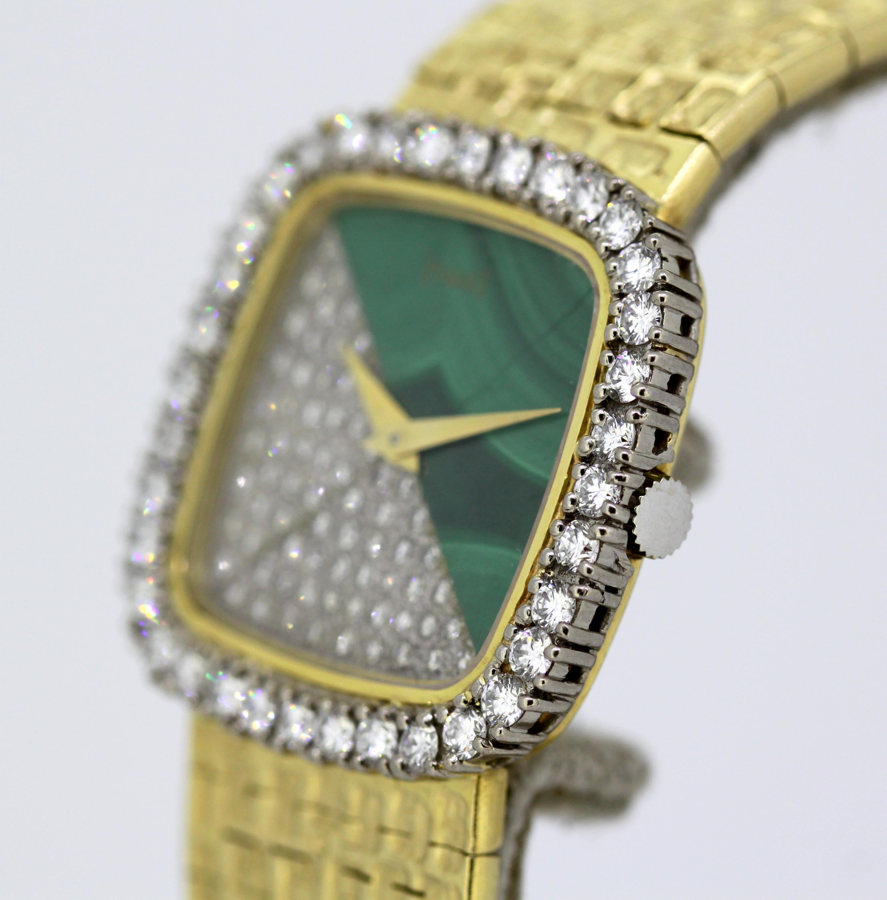 Piaget, Ladies 18 Karat Gold, Diamond and Malachite Manual Wind Bracelet Watch 1