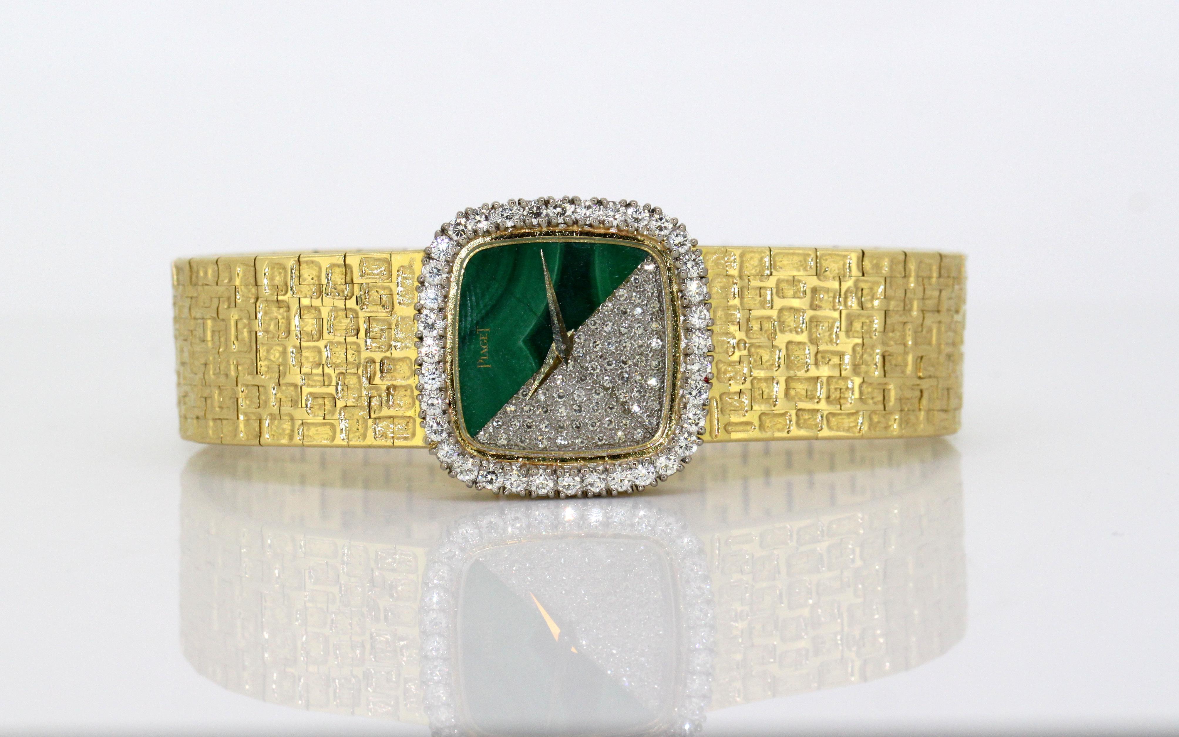 Piaget, Ladies 18 Karat Gold, Diamond and Malachite Manual Wind Bracelet Watch 2