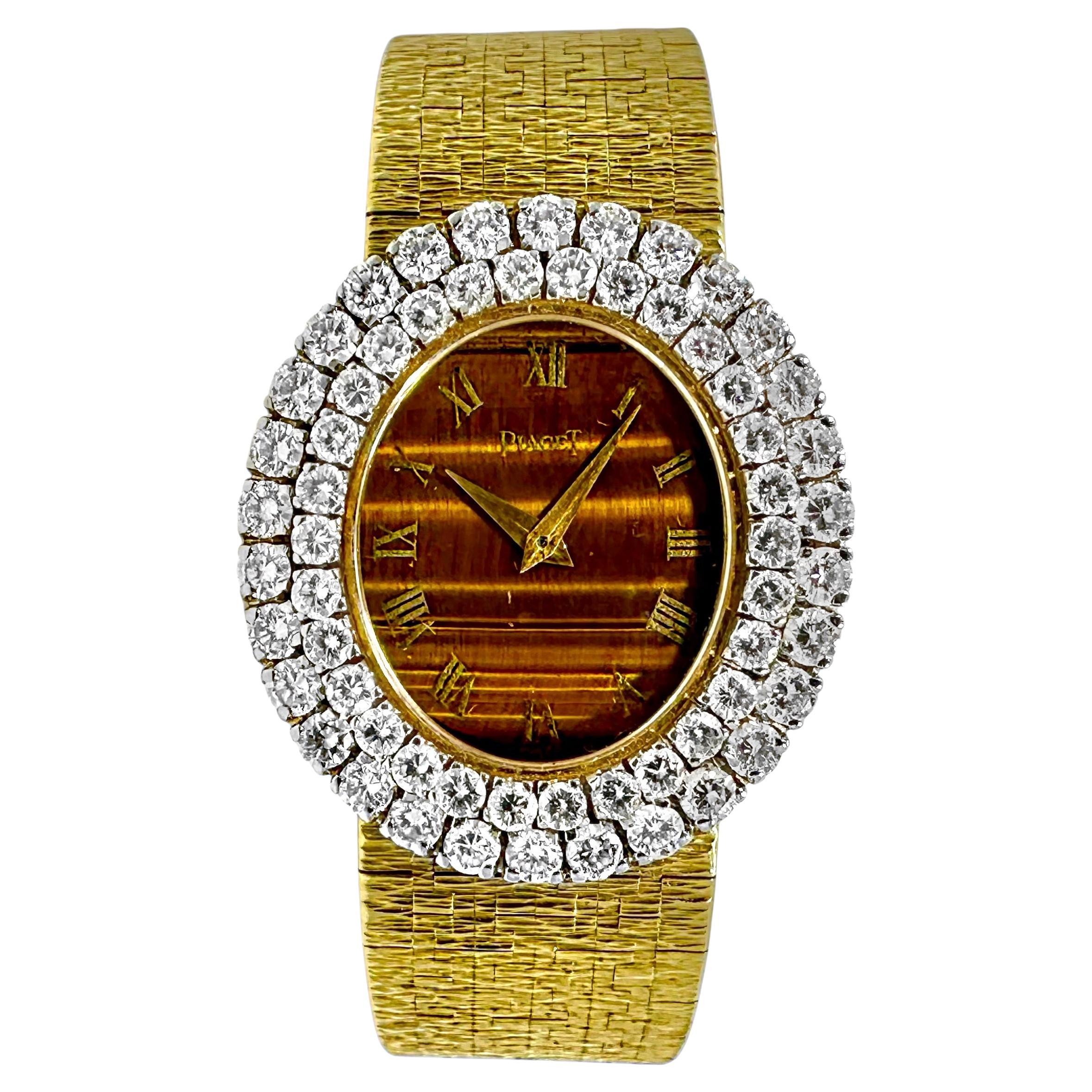 Reloj de oro Piaget 1970 para señora con bisel de dos hileras de diamantes y esfera ovalada ojo de tigre en venta