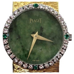 Vintage Piaget Ladies Gold Watch with Jade Dial, Diamond and Emerald Bezel