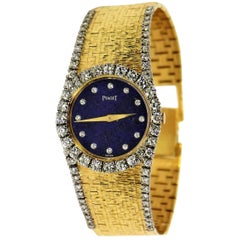 Piaget Ladies Gold Watch with Lapis Diamond Dial and Diamond Shoulders
