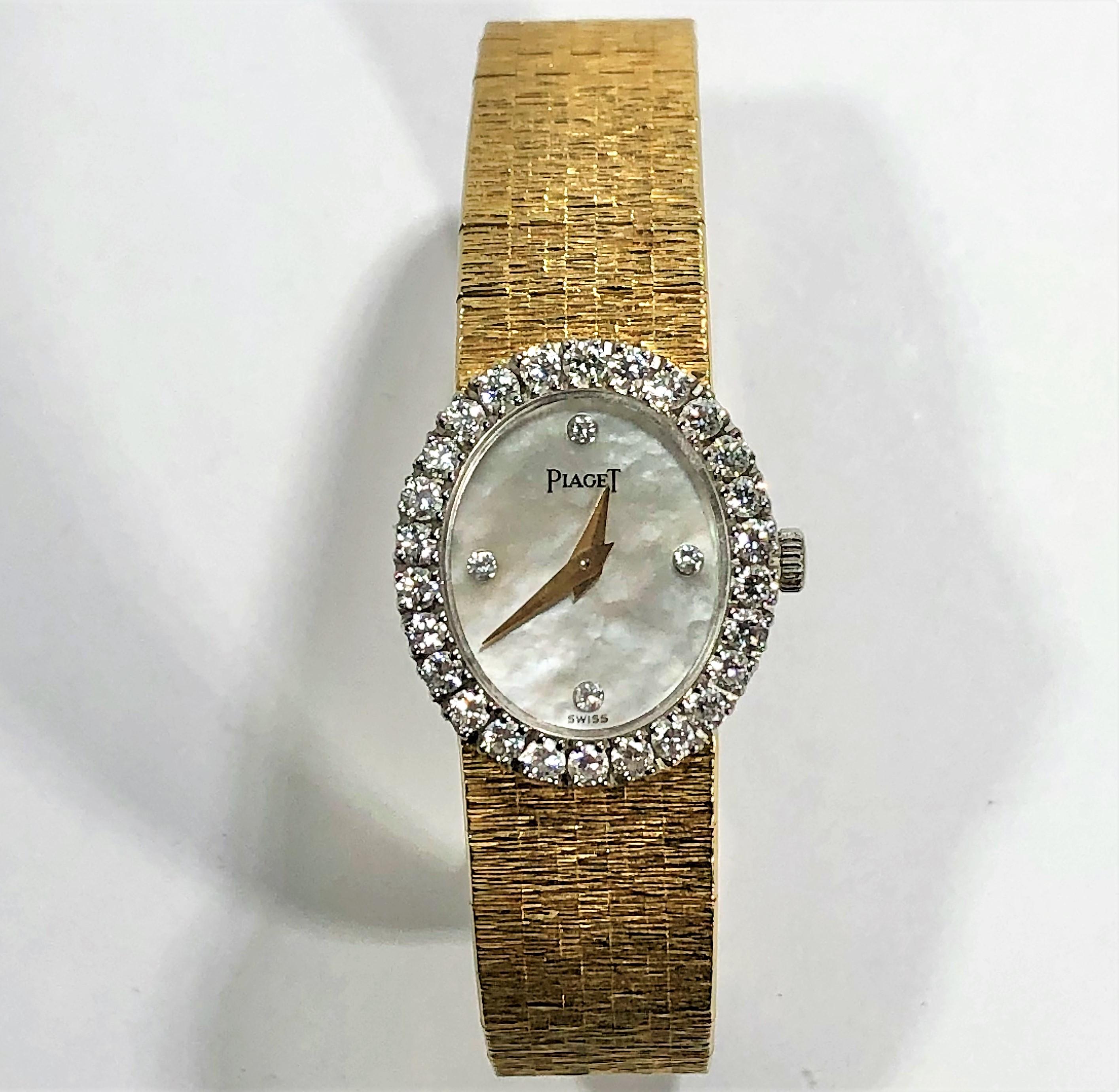 Piaget Ladies Petite Gold Watch with Mother of Pearl Diamond Dial/ Diamond Bezel In Good Condition In Palm Beach, FL