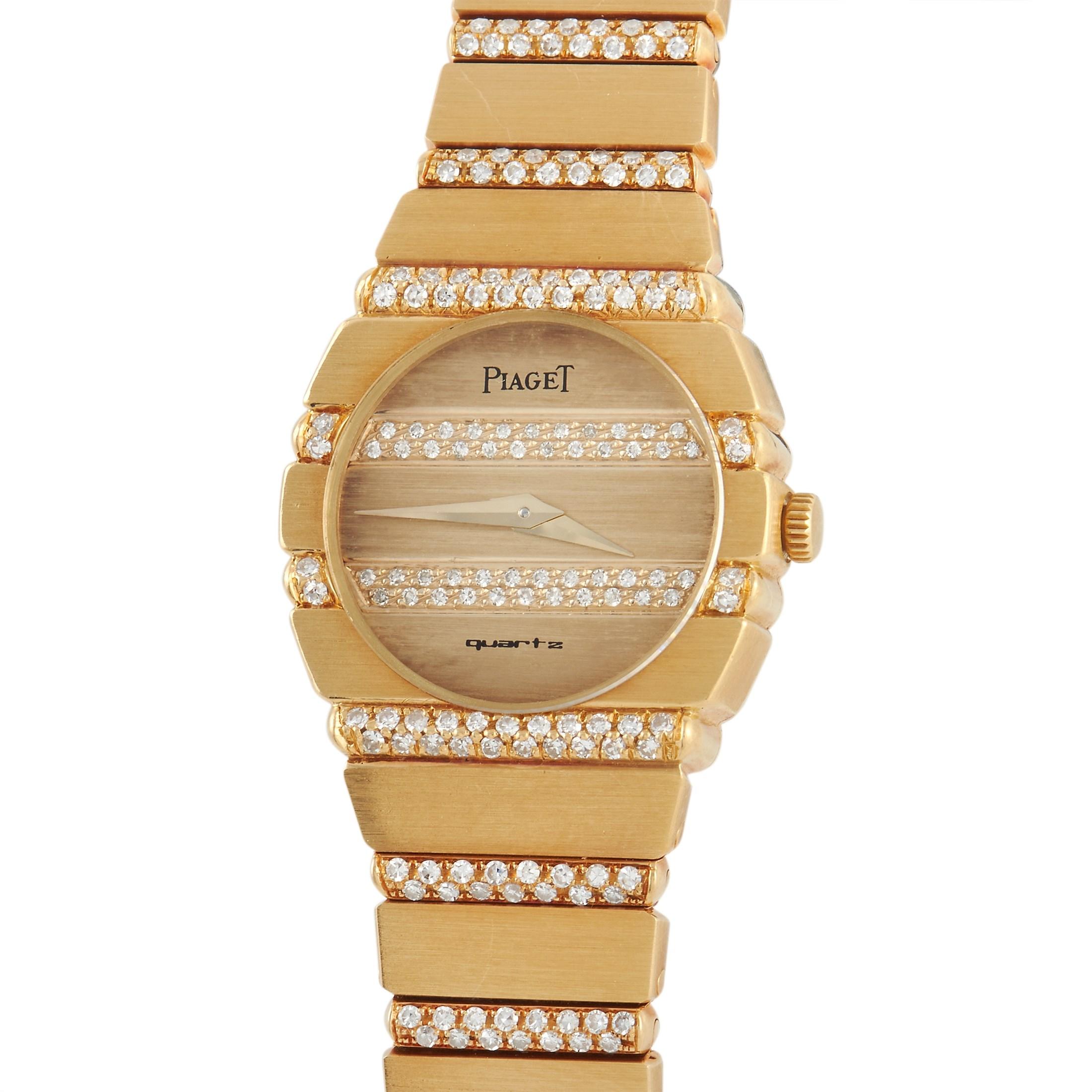The Piaget Ladies Polo Watch, reference number 861 C 705, is nothing short of breathtaking.

Bold and opulent design, this watch comes to life thanks to the round 24mm case and bracelet crafted from shimmering 18K Yellow Gold. The golden dial