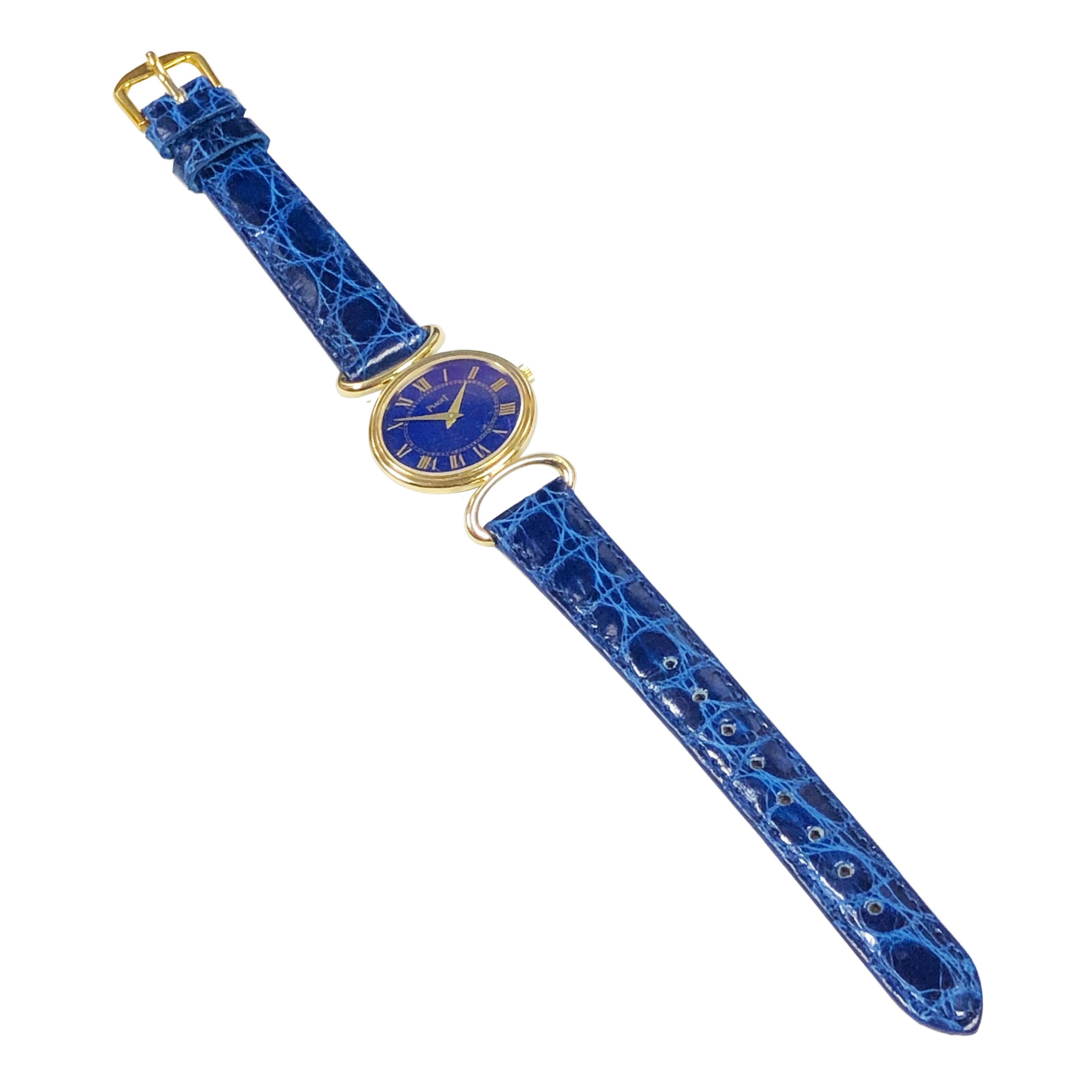 Piaget Ladies Yellow Gold and Lapis Stone Dial Mechanical Wristwatch In Excellent Condition In Chicago, IL