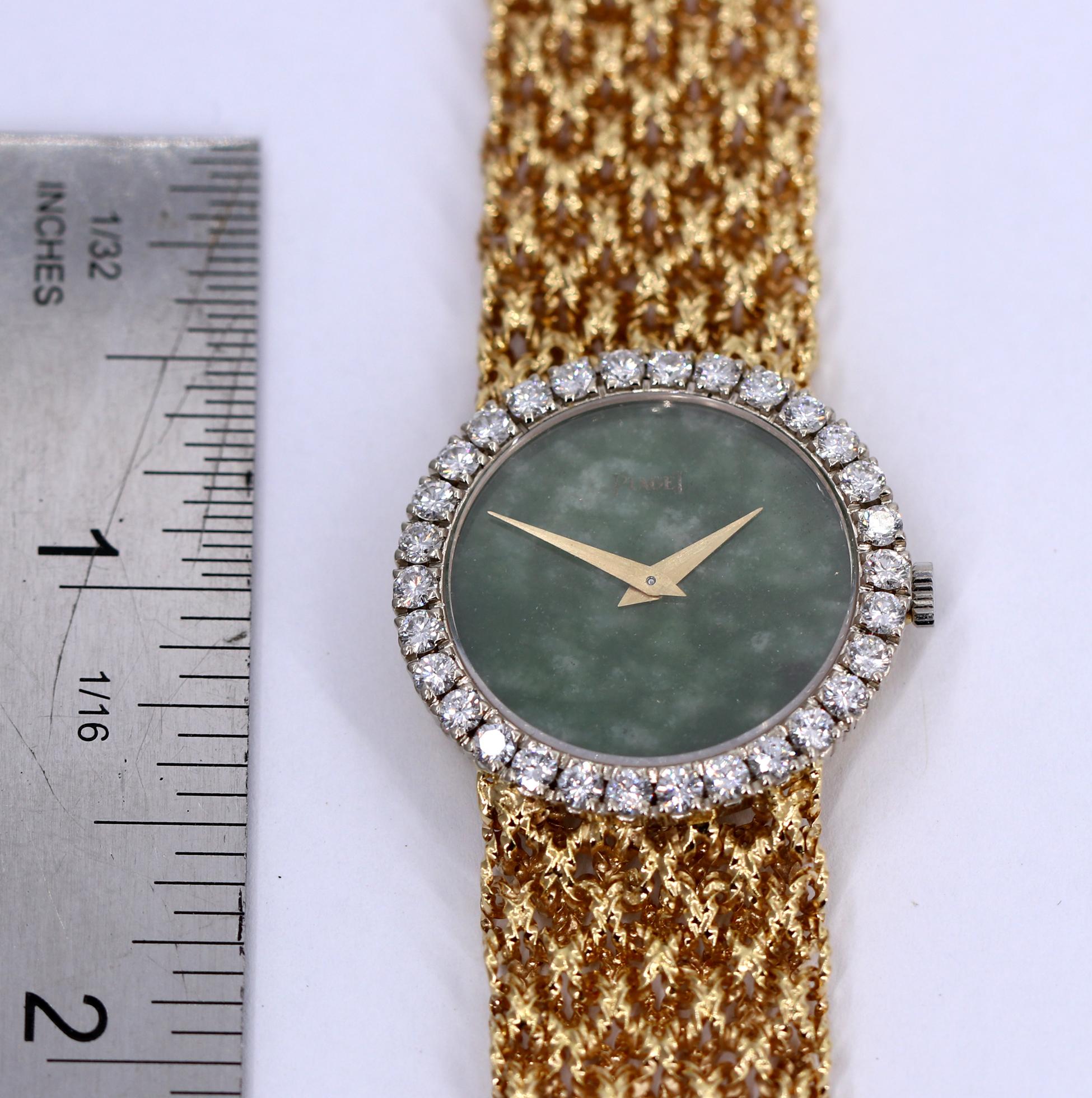 Piaget Ladies Yellow Gold Diamond Bezel Jade Dial Mesh Band Wristwatch 7