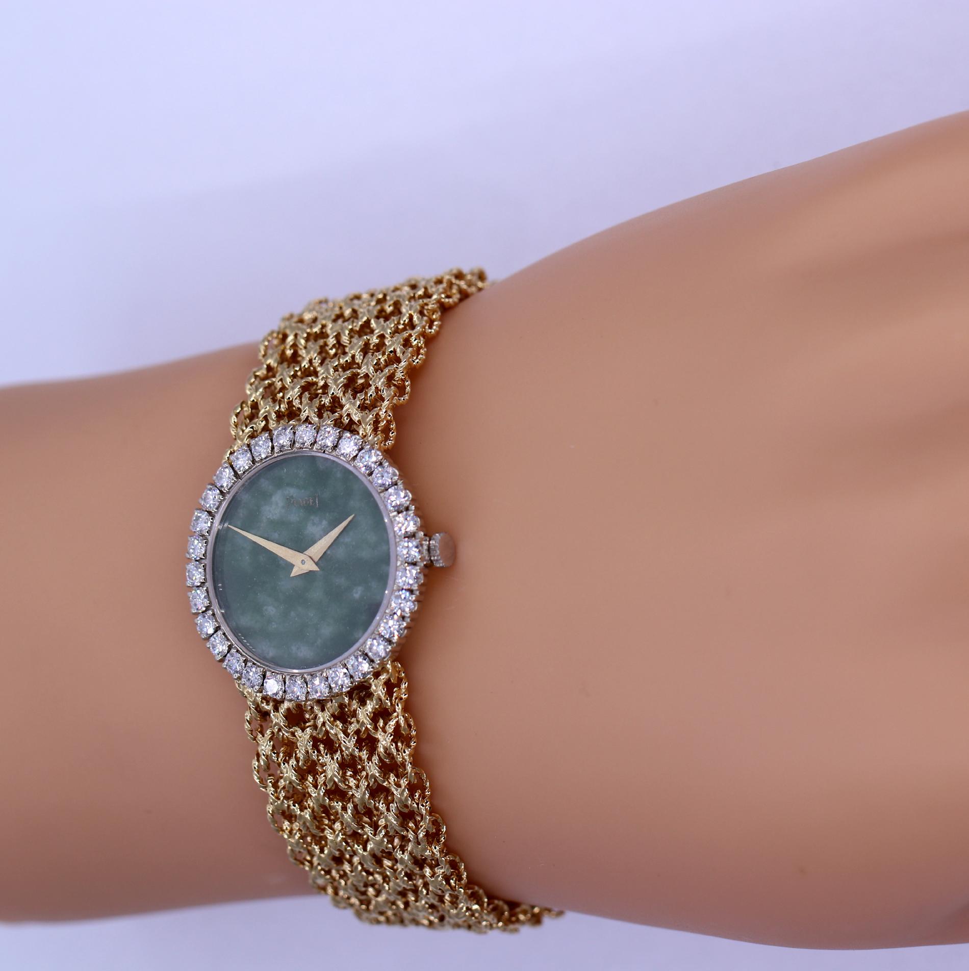 Piaget Ladies Yellow Gold Diamond Bezel Jade Dial Mesh Band Wristwatch In Excellent Condition In Palm Beach, FL