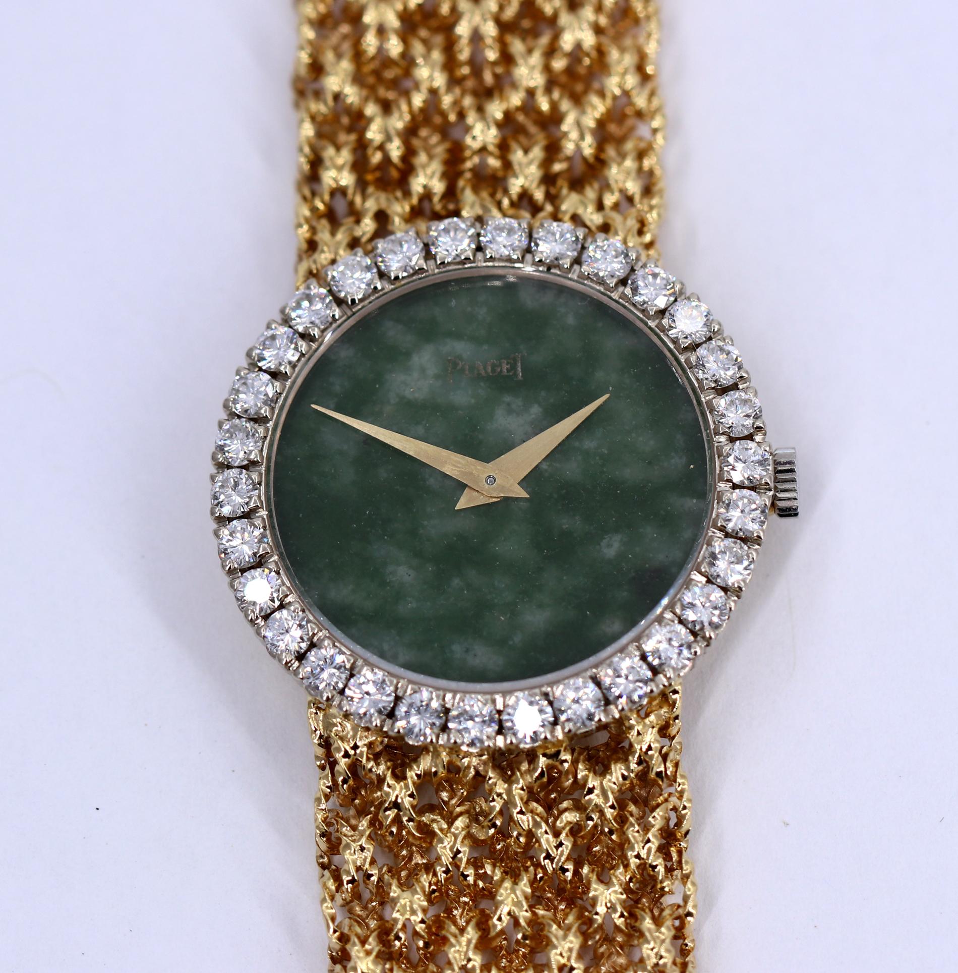Women's Piaget Ladies Yellow Gold Diamond Bezel Jade Dial Mesh Band Wristwatch
