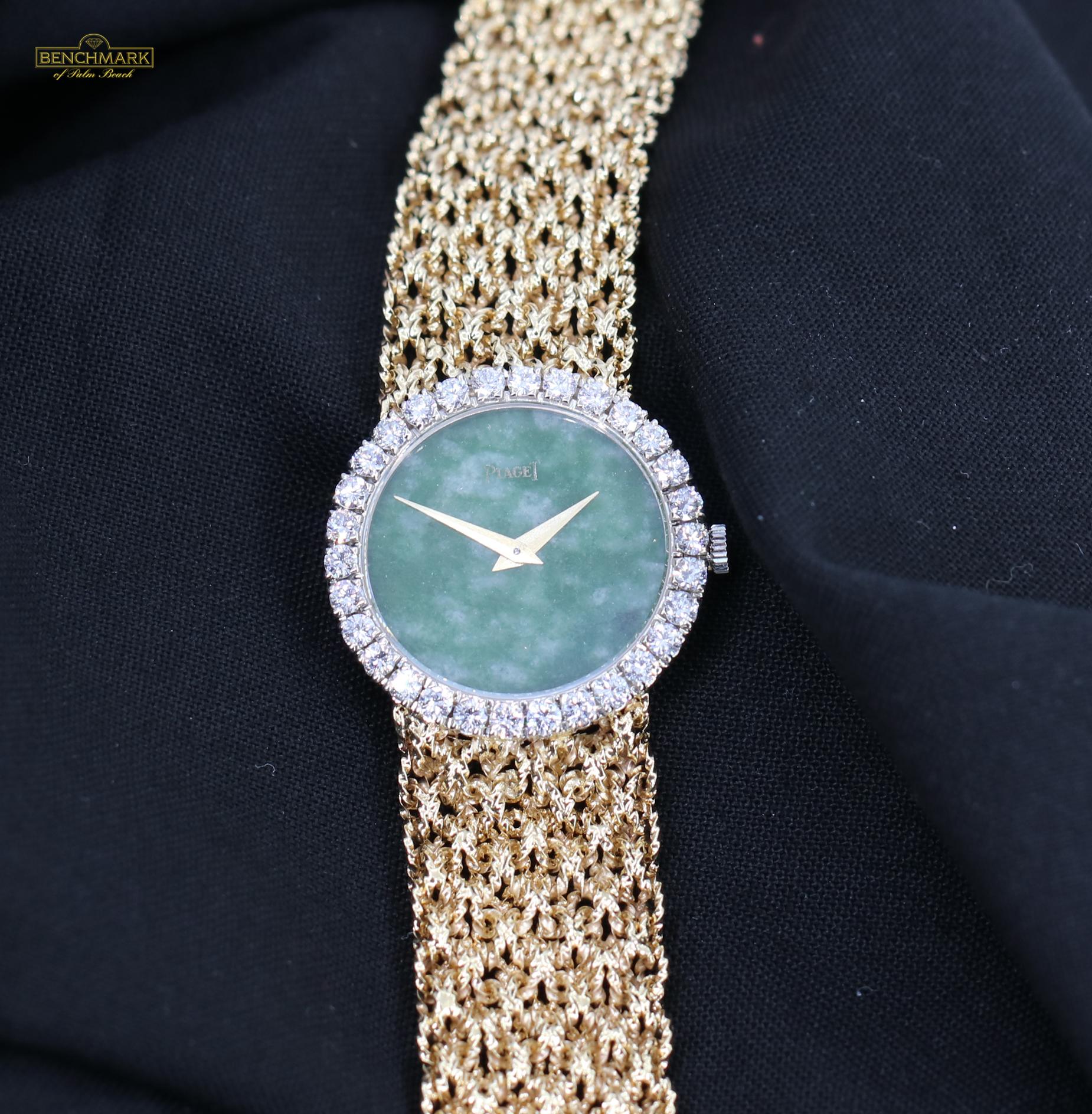 Piaget Ladies Yellow Gold Diamond Bezel Jade Dial Mesh Band Wristwatch 1