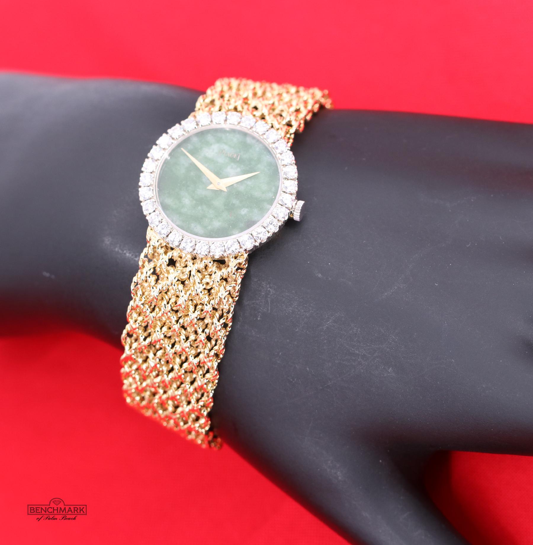 Piaget Ladies Yellow Gold Diamond Bezel Jade Dial Mesh Band Wristwatch 2