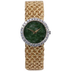 Piaget Ladies Yellow Gold Diamond Bezel Jade Dial Mesh Band Wristwatch