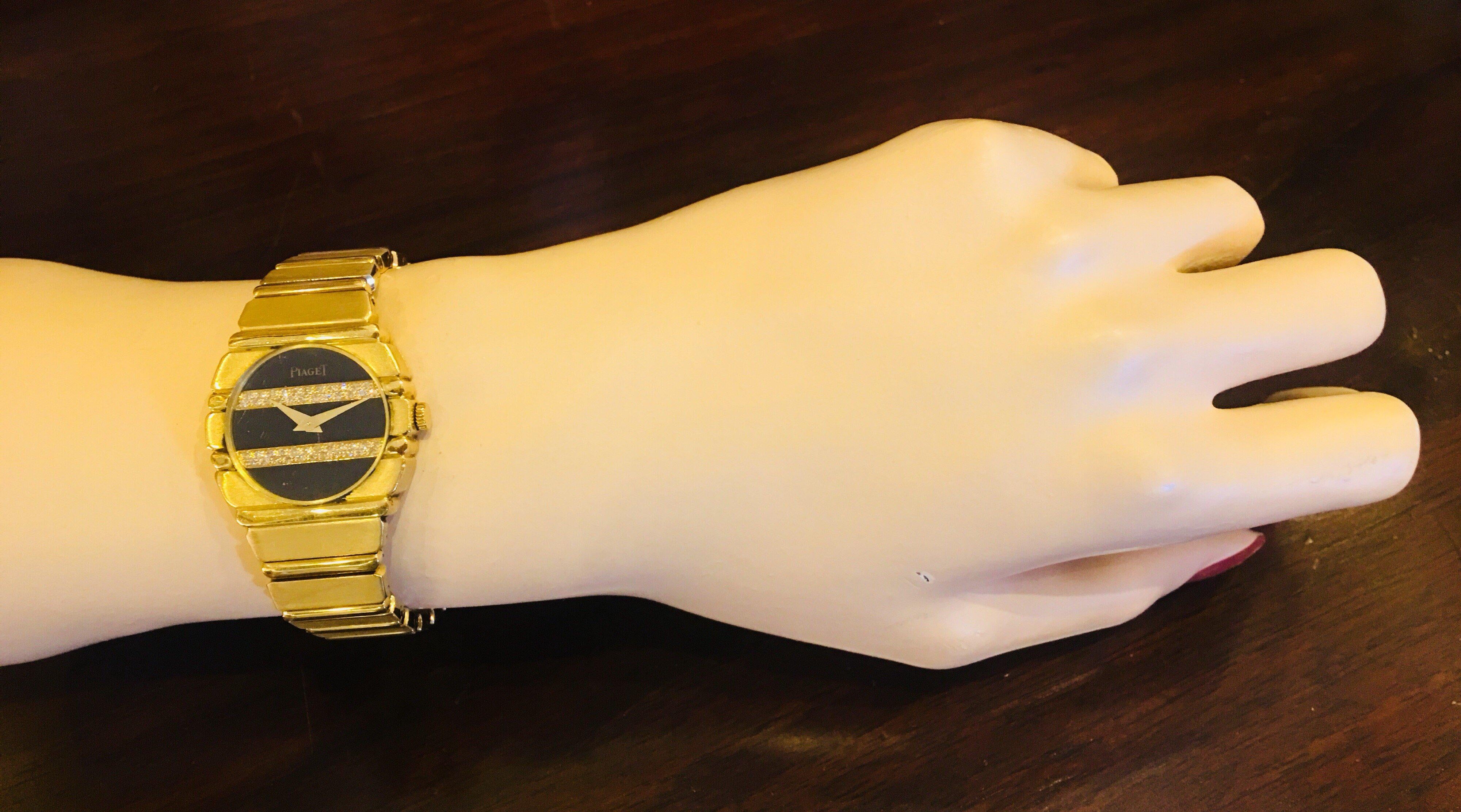 Contemporary Piaget Ladies Yellow Gold Diamond Black Onyx Polo Wristwatch, circa 1980