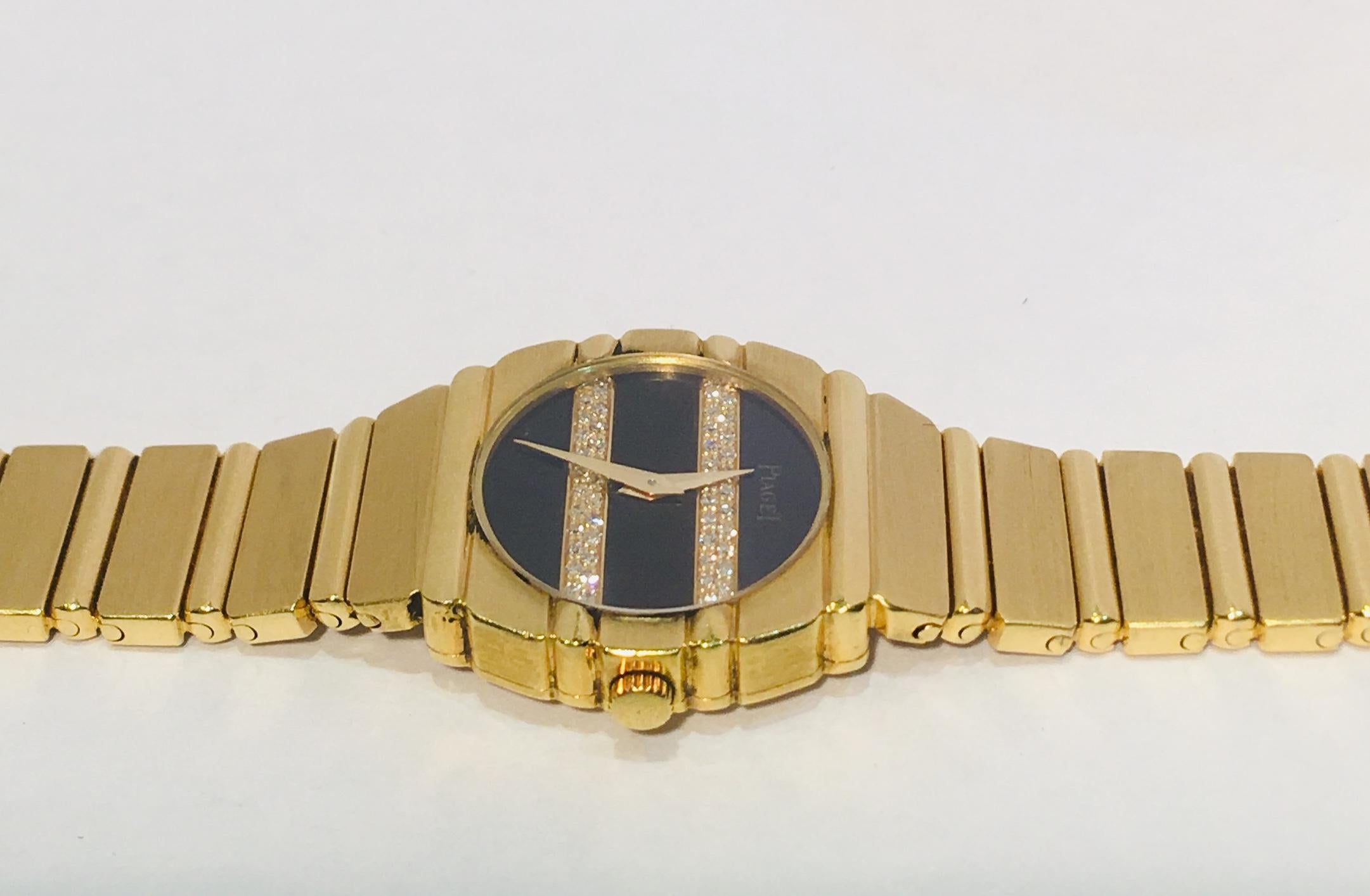 Round Cut Piaget Ladies Yellow Gold Diamond Black Onyx Polo Wristwatch, circa 1980