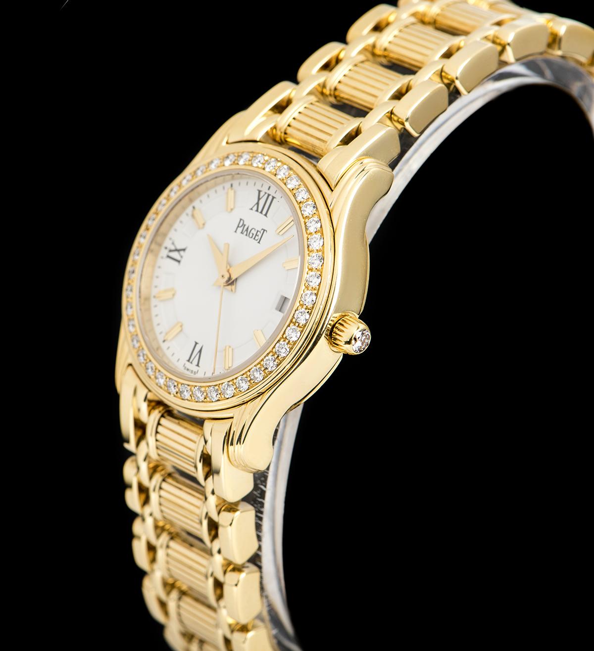 An 18k Yellow Gold Polo Ladies Dress Wristwatch, white dial with applied hour markers and roman numerals at 