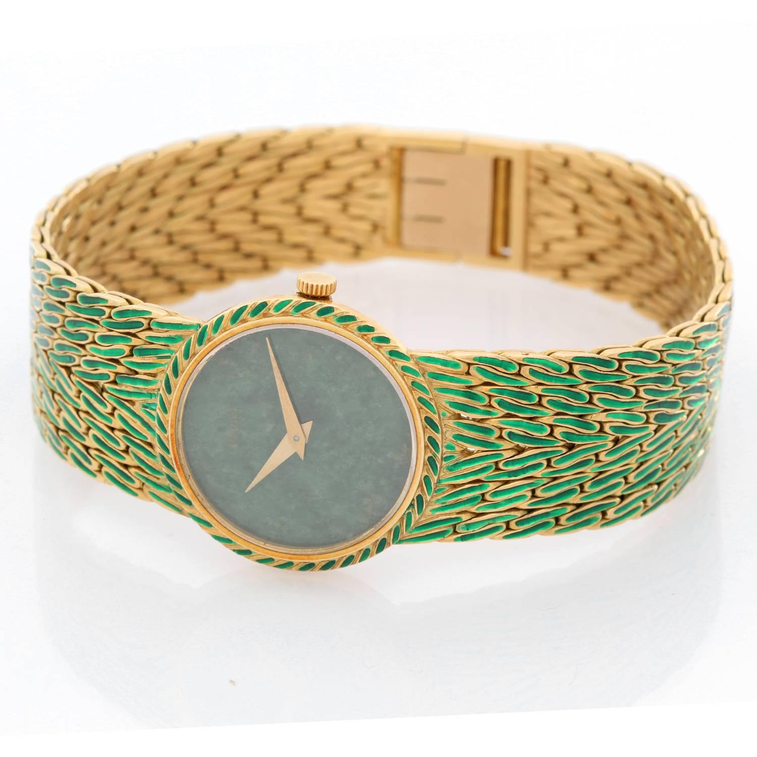 Piaget Dancer Vintage Dress Jade Watch - Manual winding. 18K Yellow Gold ( 24 mm ). Jade. 18K Yellow Gold peacock link bracelet. Pre-owned with custom box. Wrist size 6.75 inch. Total weight 58.8 grams.
