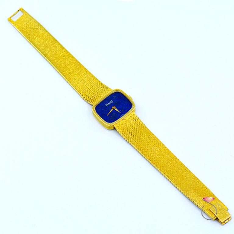 Cushion Cut Piaget Ladies Yellow Gold Lapis Cushion Shape vintage mechanical Wristwatch