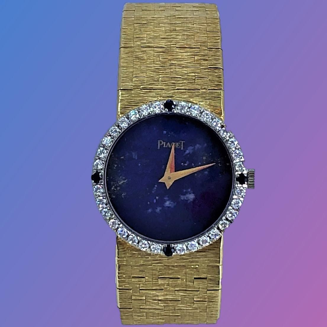 Piaget Ladies Yellow Gold Lapis Dial Watch with Diamond and Sapphire Bezel In Good Condition In Palm Beach, FL