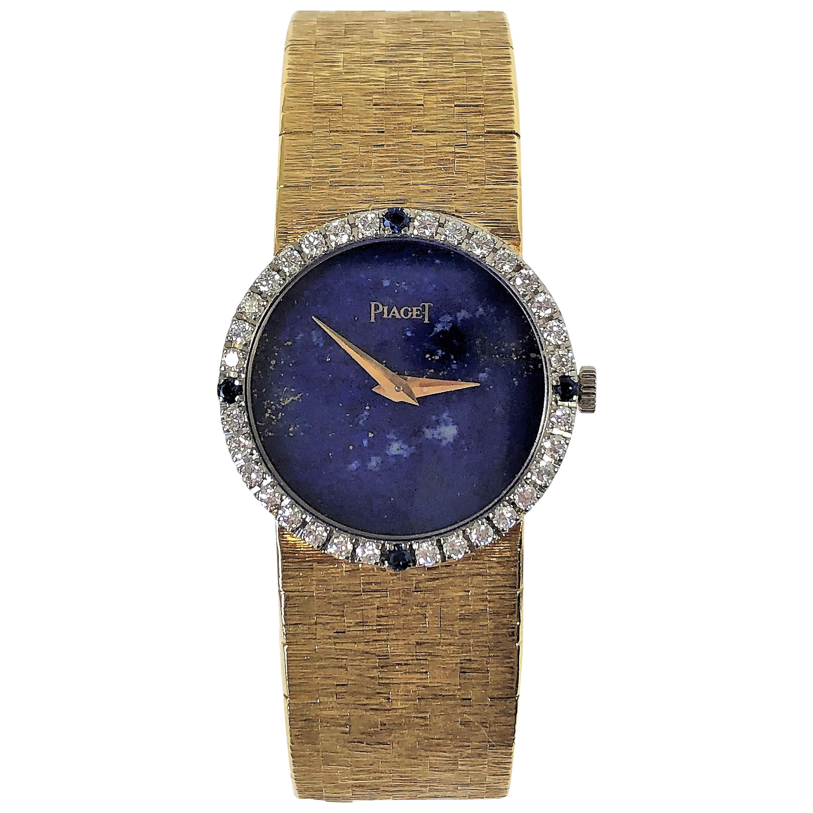 Piaget Ladies Yellow Gold Lapis Dial Watch with Diamond and Sapphire Bezel