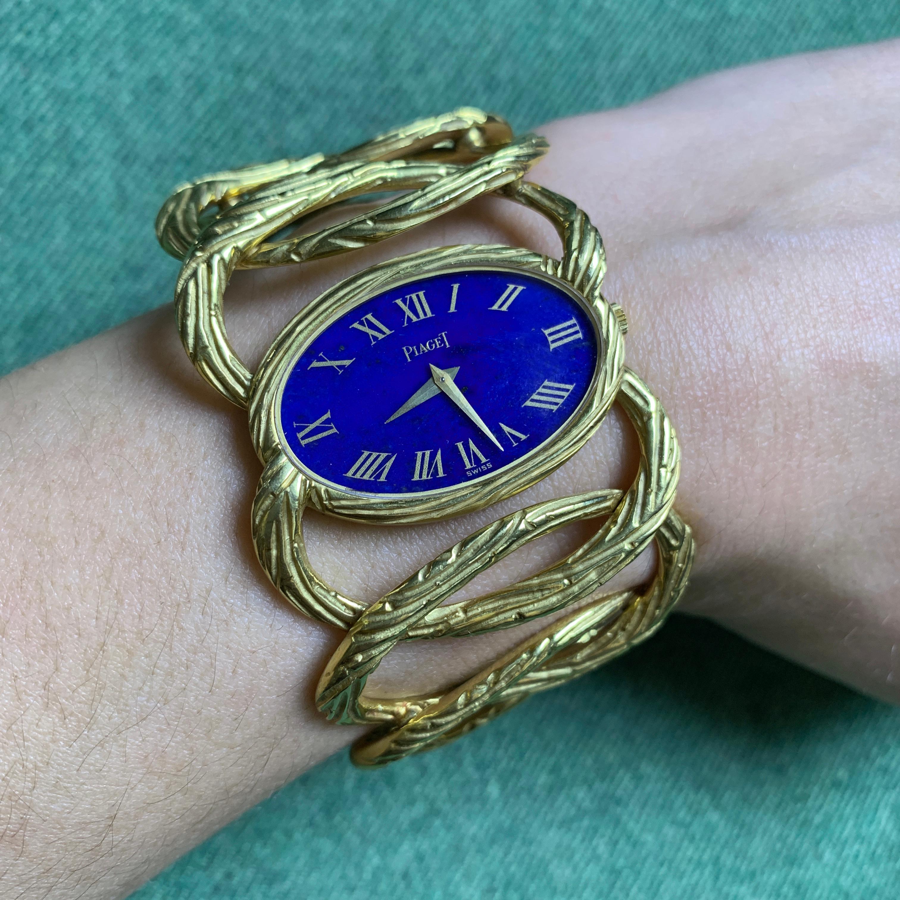 An iconic and decorative bracelet-watch from the 1970s, part of the high fashion collection created by Jean Claude Guiet at Piaget, and worn by collectors and movie actors including Elizabeth Taylor, Jacqueline Kennedy, and Sophia Loren.

Piaget led