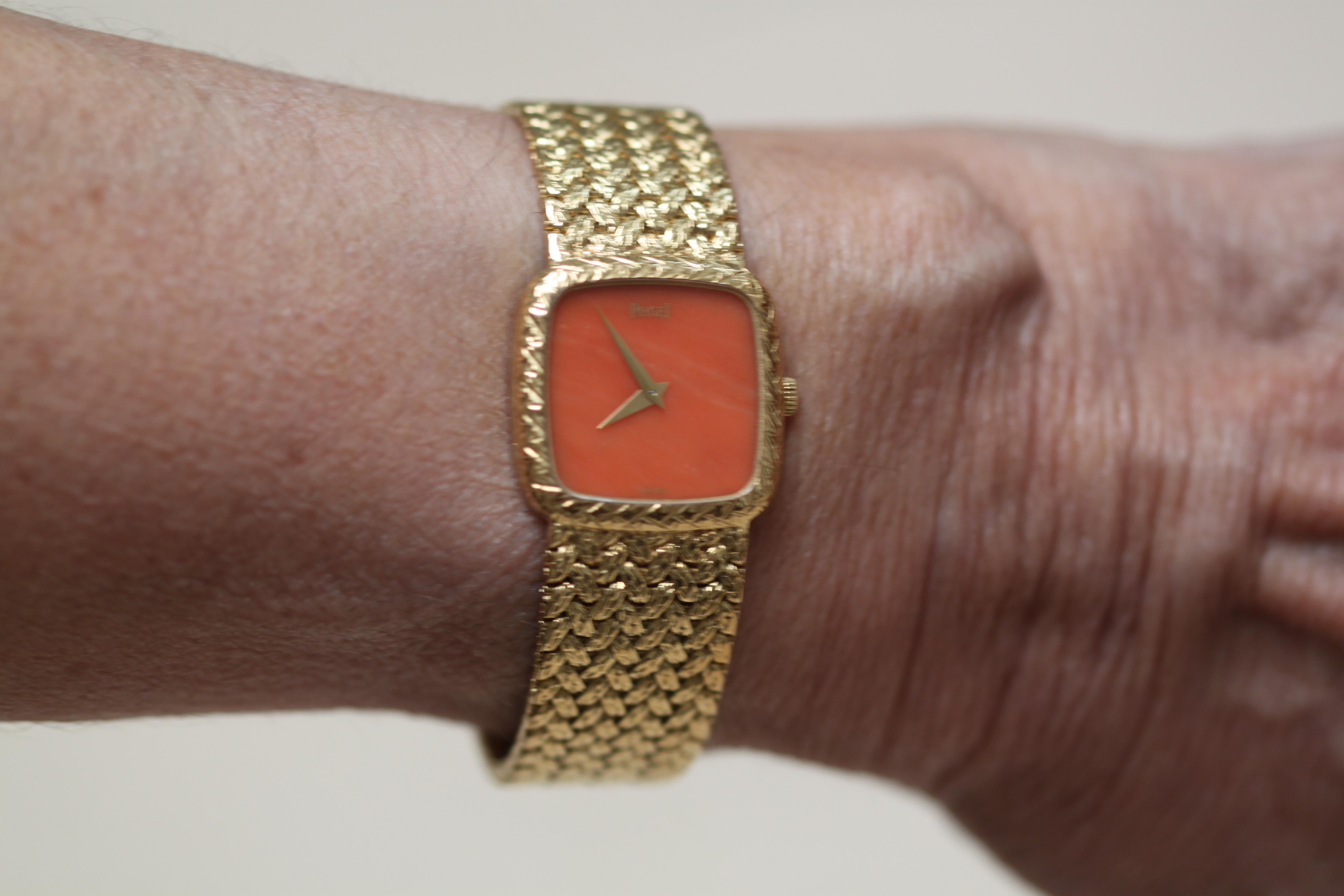Piaget Ladies Yellow Gold Retro Coral Faced Crystal Wristwatch 2