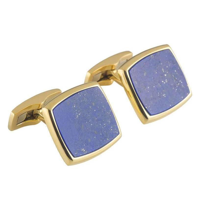 A stylish pair of 18k yellow gold lapis lazuli cufflinks by Piaget. Each cufflink is set to the front with a lapis lazuli in a rubover setting. The cufflinks measure 1.8cm in height and 2cm in width. The cufflinks have T-bar fittings and have a