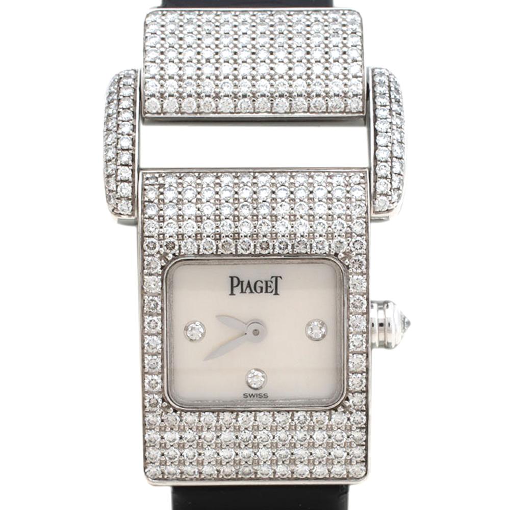 Antique Cushion Cut Piaget Mother of Pearl 18K White Gold Diamond Women's Wristwatch 17MM