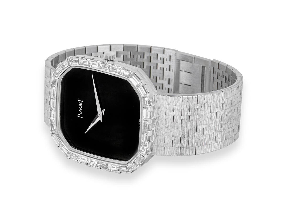 Men's Piaget Octagonal Case White Gold Onyx Dial Baguette Diamond Bezel 97910 A 6 For Sale