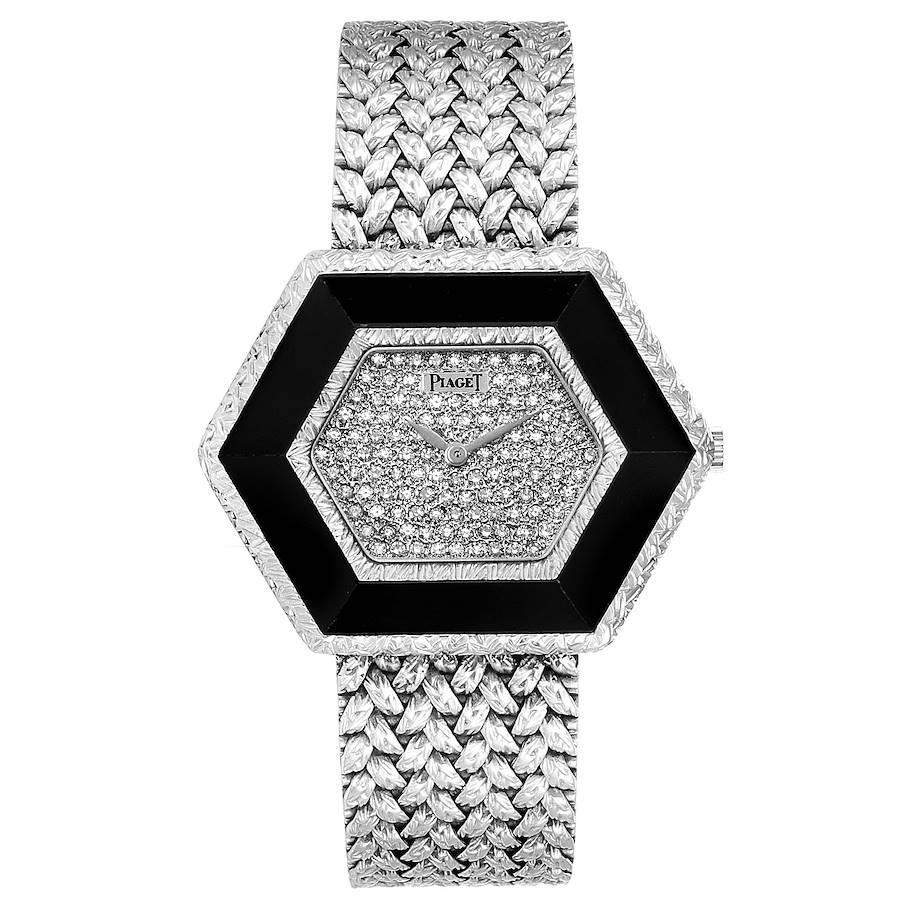 Piaget Onyx Diamond Dial White Gold Vintage Cocktail Ladies Watch 9523. Manual winding movement. 18k white gold hexagonal basket weave design case 28.0 x 35.0 mm. Black Onyx bezel. Scratch resistant sapphire crystal. Pave diamond dial with white