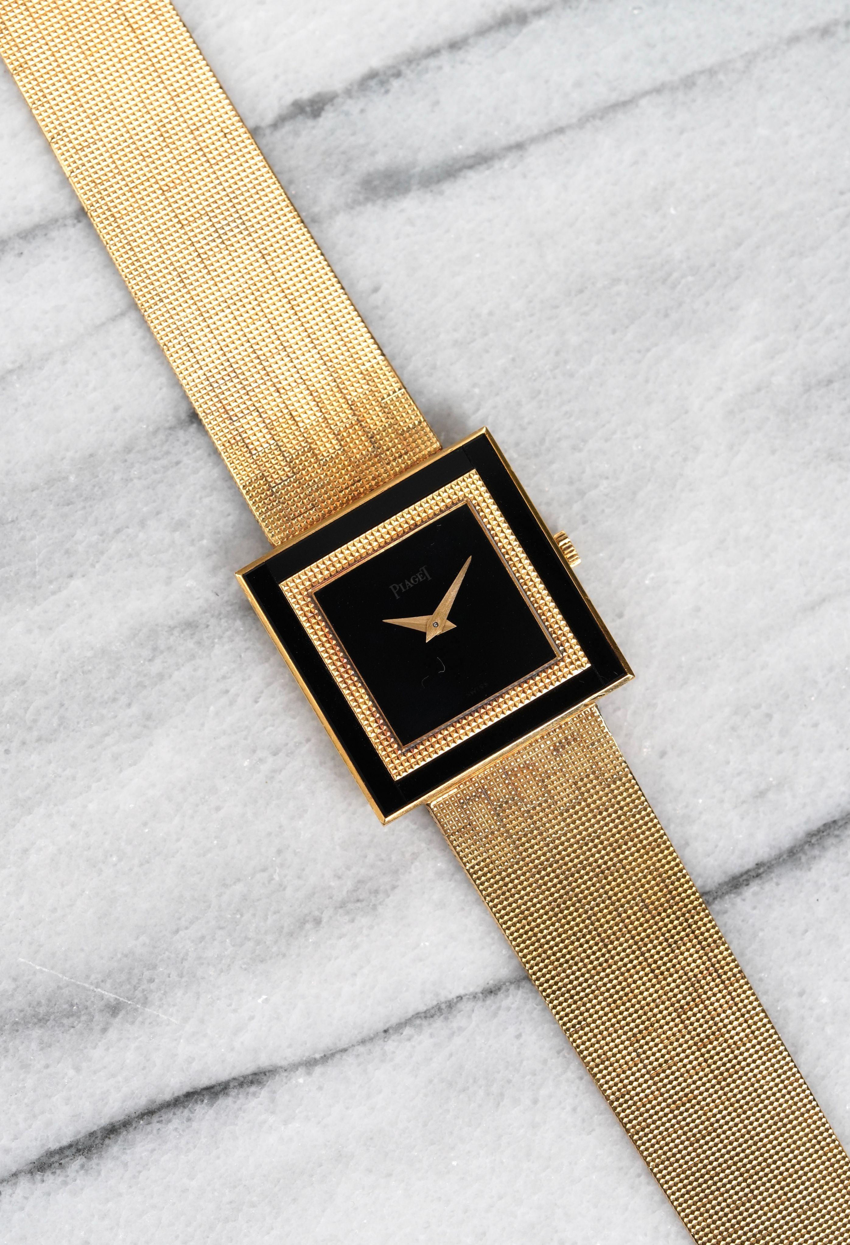 This stunning Piaget Ref. 9200 from the 1980s is a standout piece from the golden era of Piaget design—bold, elegant, and unmistakably luxurious. What makes this particular example exceptionally rare is the factory onyx dial paired with a matching