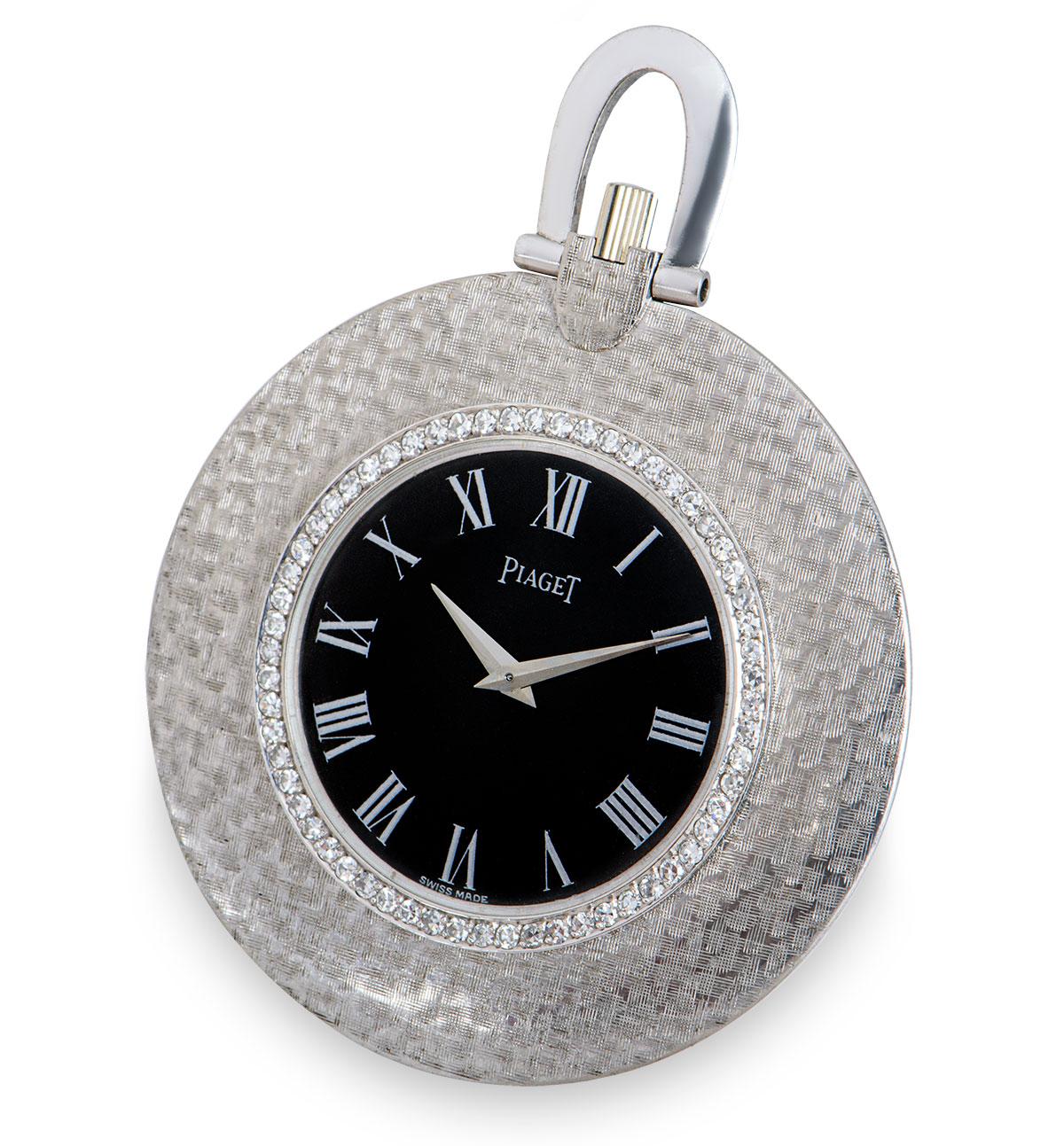 A 42 mm 18k White Gold Open Face Vintage Gents Dress Pocket Watch, black dial with roman numerals, a fixed 18k white gold textured bezel set with 60 round brilliant cut diamonds, an 18k white gold textured case, accompanied by a chain and fob,